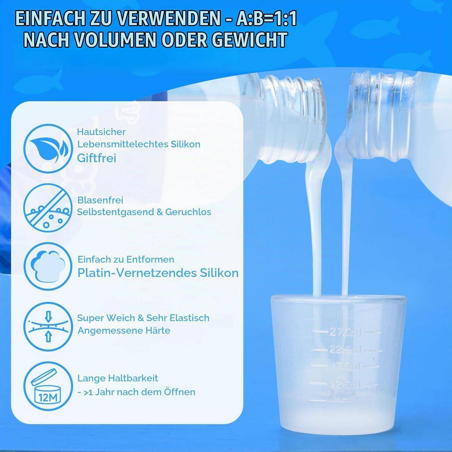 Silikon im Verhältnis 1:1 nach Volumen oder Gewicht gemischt, mit Flüssigkeit, die in einen Messbeck gegossen wird, und Symbole für die Vorteile Sicherheit, geruchlos, flexibel und langlebig.