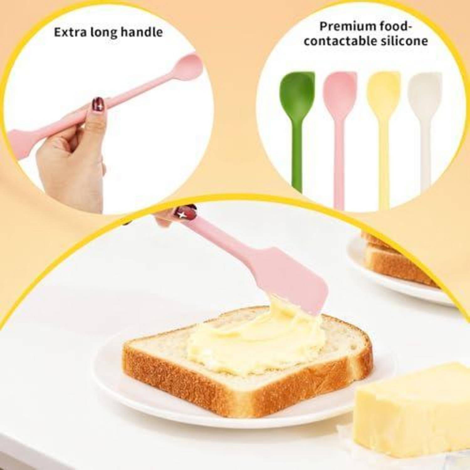 Rosa Silikonspachtel mit extralanggriffi, dargestellt beim Auftragen von Butter auf Toast; die Einfügung zeigt mehrere Farben und den Text „Lebensmittelverträgliches Premium-Silikon