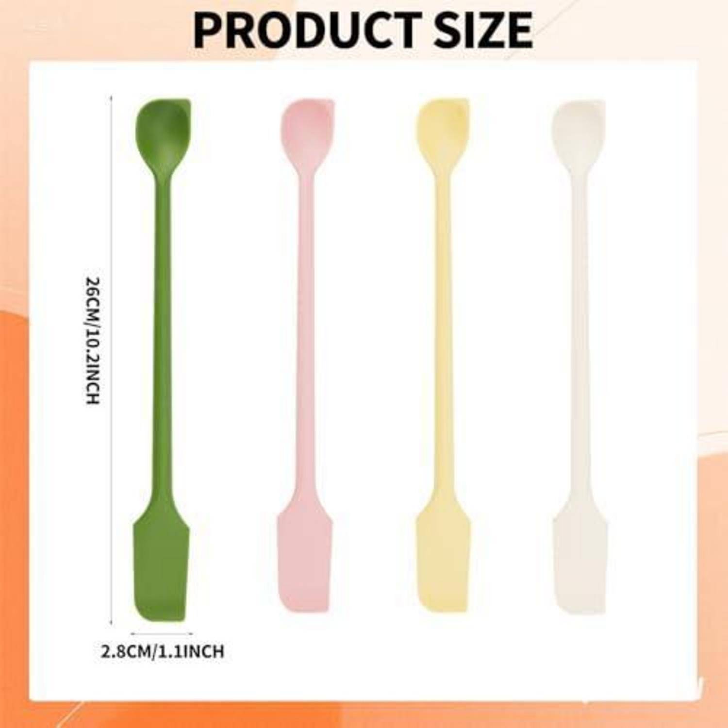 Produktgrößentabelle mit einem langen Silikonspatel, 26 cm hoch und 2,8 cm breit, in vier Farben: grün, rosa, gelb und weiß.