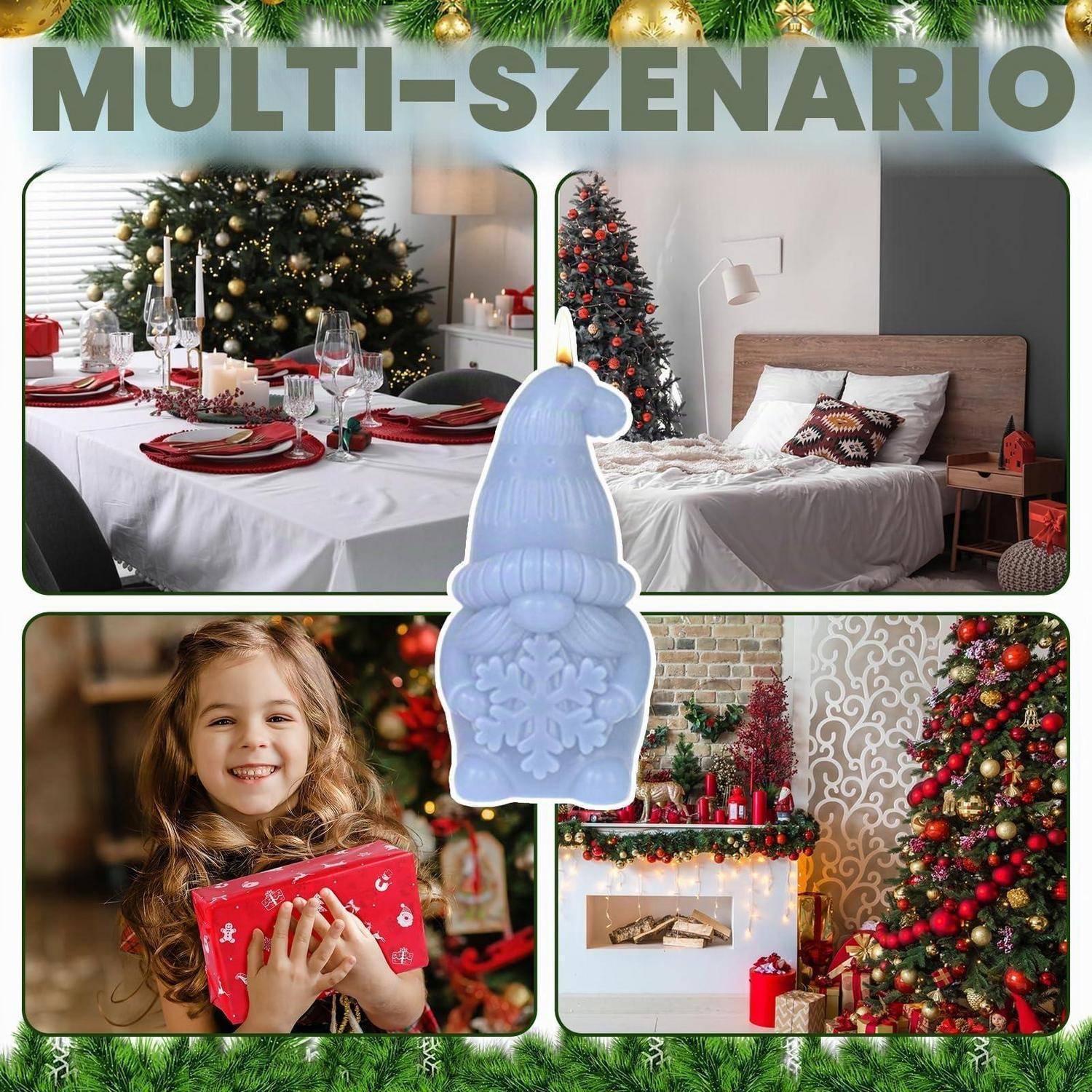 Holiday-Collage mit der Bezeichnung "MULTI-SZENARIO"", die einen dekorierten Weihnachtsesstisch, ein Schlafzimmer, ein lachendes Kind, das ein Geschenk hält, und ein festliches Wohnzimmer mit Baum und Kamin zeigt.