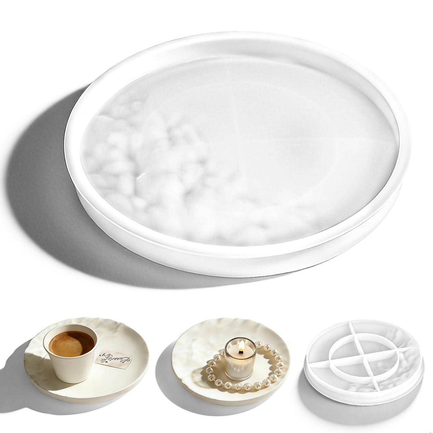 Weiße runde Keramikschüssel mit Deckel, geöffnet dargestellt, plus drei Verwendungsmöglichkeiten: Untertasse mit Tasse, Kerzenständer und geteiltes Lagerschälchen.