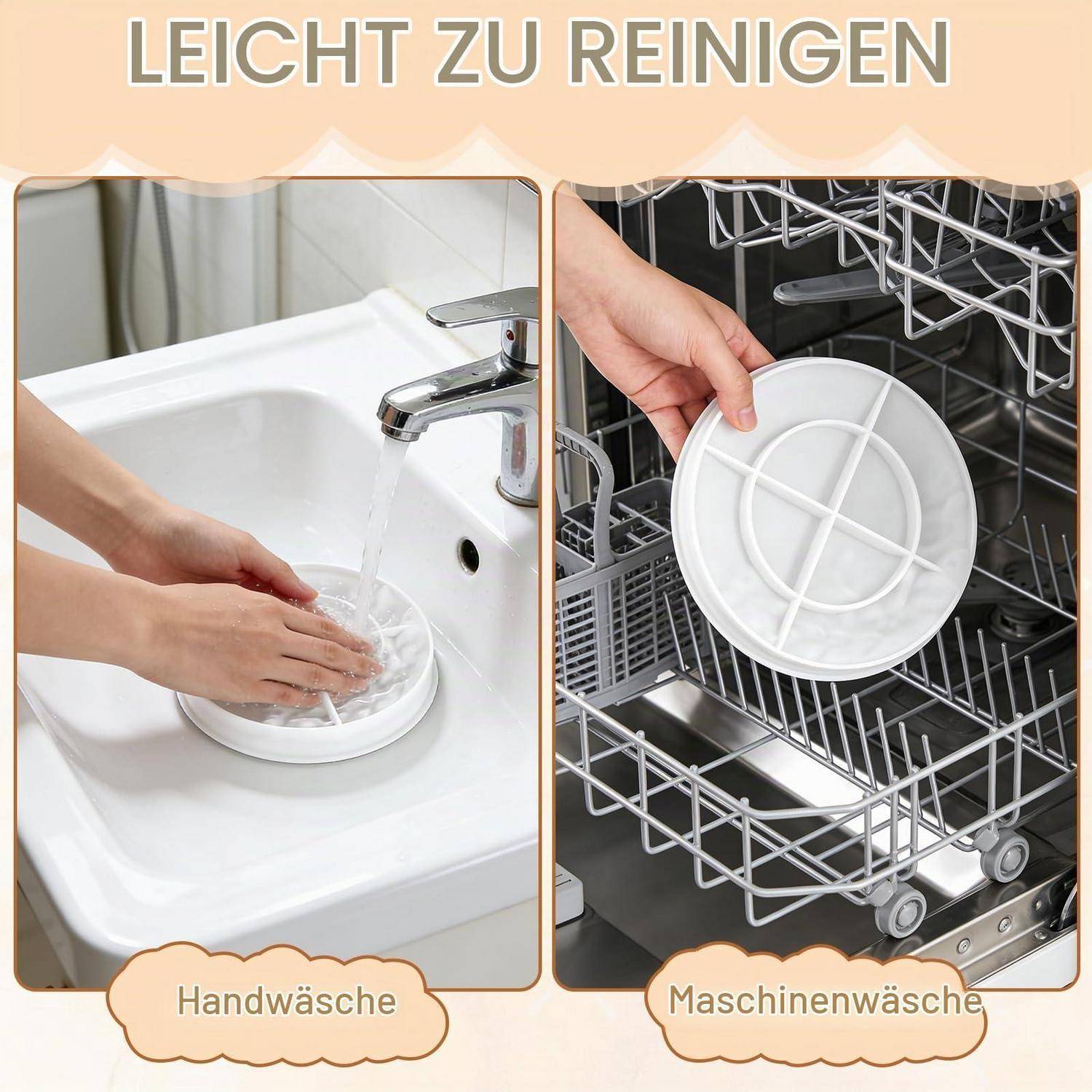 Gespaltenes Bild zeigt ein weißes Geschirr, das von Hand in einem Spülbecken gewaschen wird, und das in eine Spülmaschine eingeräumt wird; der Text sagt „Leicht zu reinigen", „Handwäsche"", „Maschinenwäsche"".