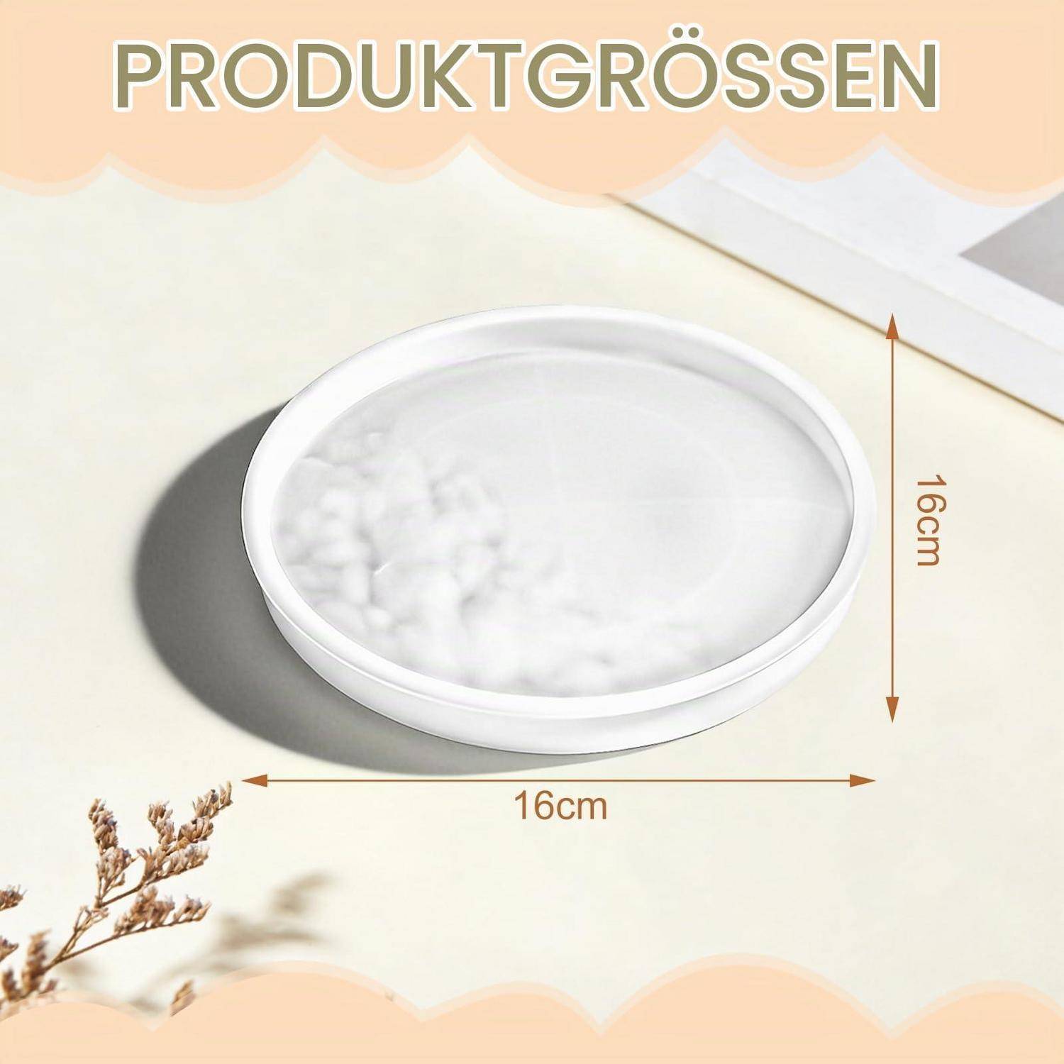Produktgrößen-Grafik mit einem runden weißen Teller mit der Bezeichnung „PRODUKTGRÖSSEN", der 16 cm breit und 16 cm hoch ist.
