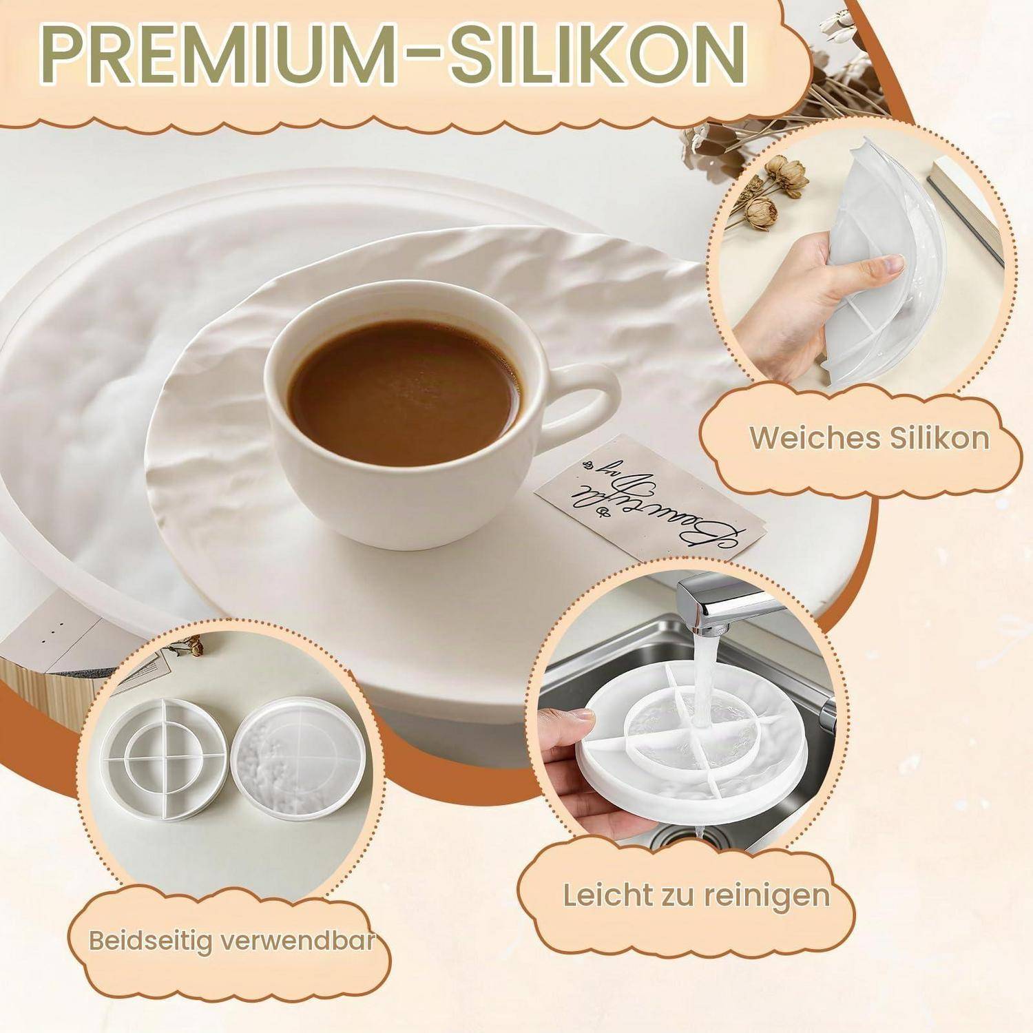 Werbebild einer runden weißen Silikon-Kaffee-/Getränkematte mit einer Tasse oben, gekennzeichnet mit „PREMIUM-SILIKON", „Weiches Silikon"", „Beidseitig verwendbar"" und „Leicht zu reinigen"".