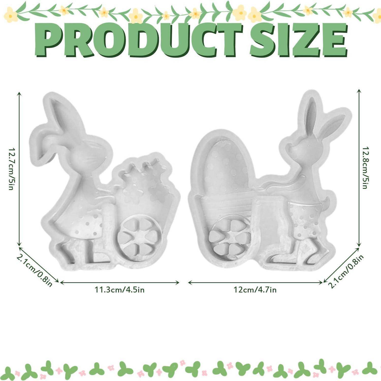Größentabelle für Produkte mit zwei hasenförmigen Behältern, jeweils etwa 12,7 cm hoch und 11,3–12 cm breit, mit 2,1 cm Tiefe.