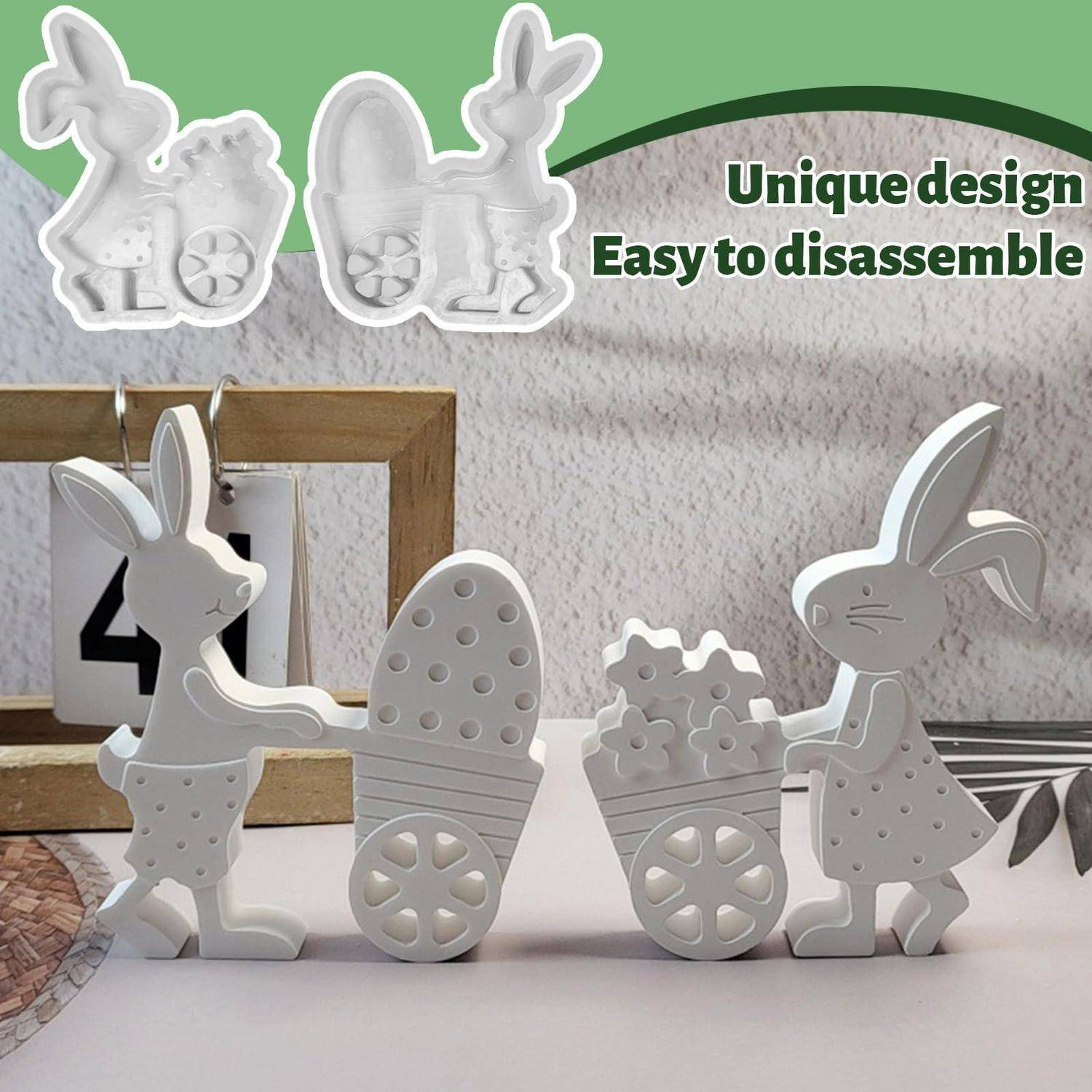 Weißes hölzernes Kaninchen-förmiges Spielzeugpuzzle mit Rädern; Text besagt "Einzigartiges Design"" und ""Leicht zu zerlegen"".