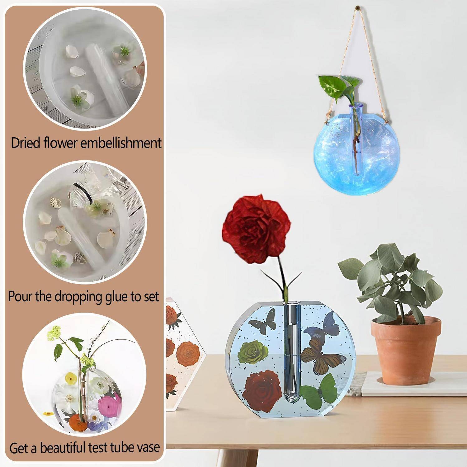 Collage mit DIY-Reagenzglas-Vaso-Bastelanleitung und fertigen Vasen: getrocknete Blumen, gegossener Leim und dekorative hängende und Tisch-Glasvasen mit Pflanzen.