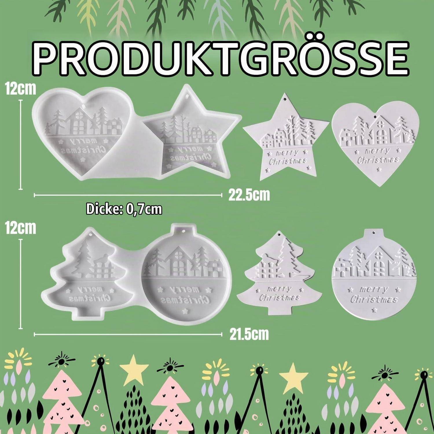 Größentabelle für vier dekorative Weihnachtsverzierungen: Herz-, Stern-, Baum- und Kugelformen, jeweils etwa 12 cm hoch, 0,7 cm dick und 21,5–22,5 cm breit.