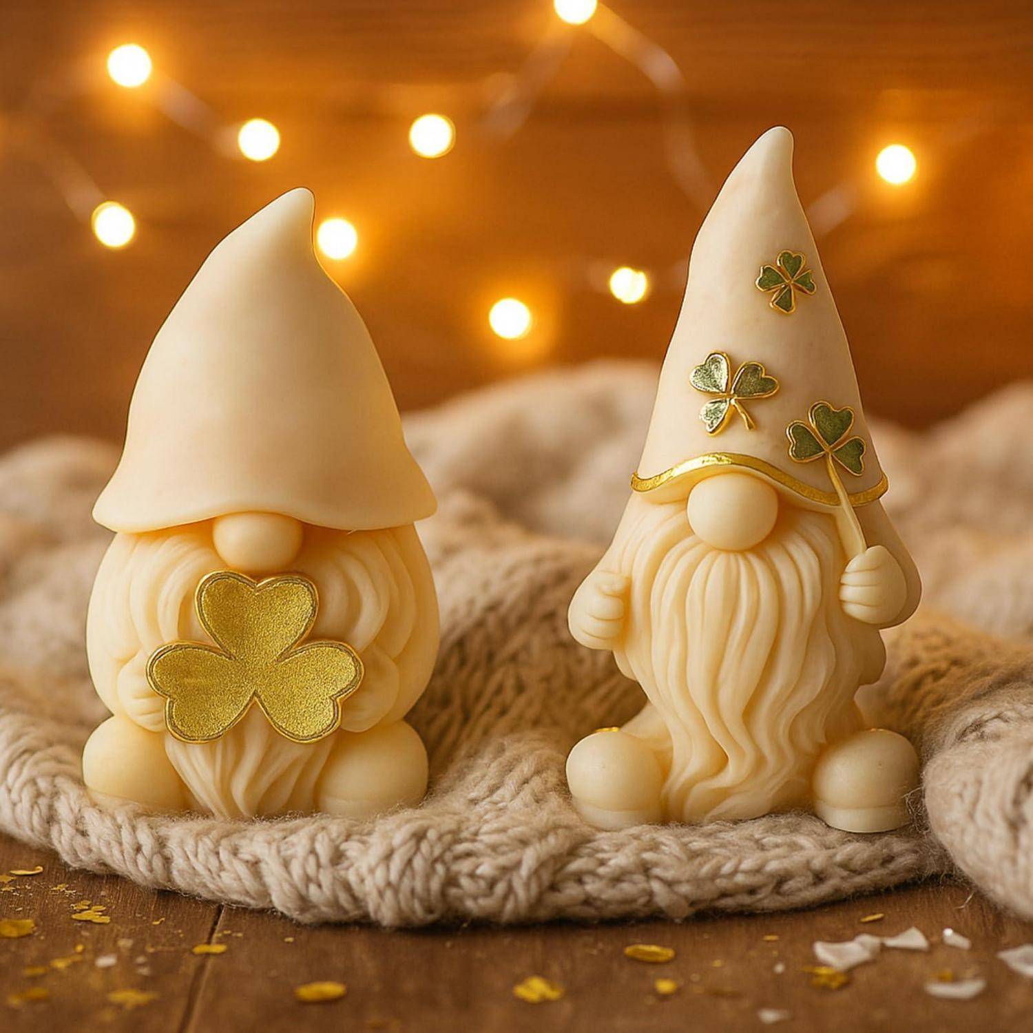 Zwei koboldförmige Gartenzwerge mit Kleeblatt-Motiv auf einer gestrickten Decke, mit warmem Feenlicht im Hintergrund für ein St.-Patrick's-Day-Flair.