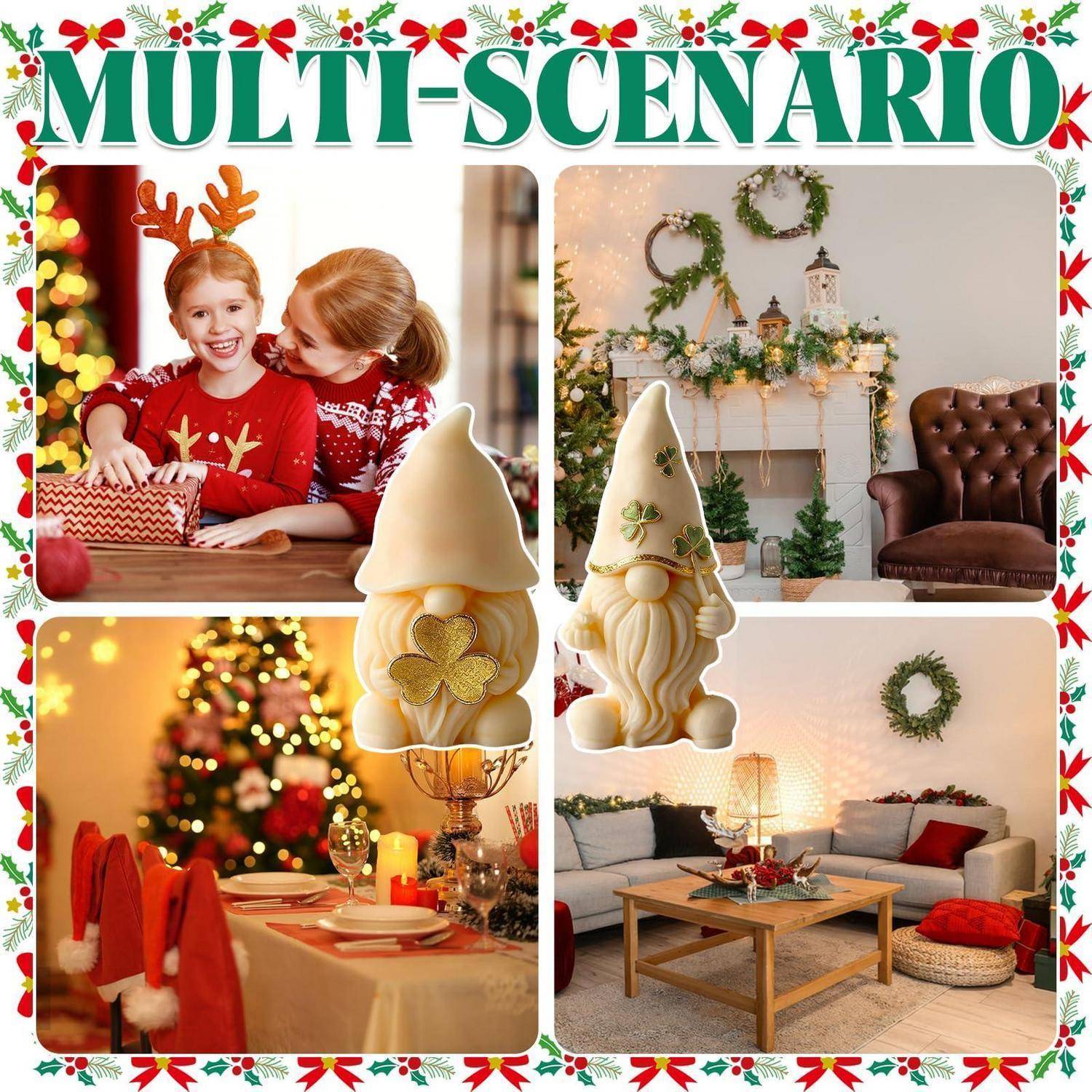 Collage mit dem Titel „MULTI-SCENARIO" zeigt vier weihnachtliche Wohnzimmerszenen: Kinder in Rentier-Pullovern, einen festlichen Kaminsims, einen dekorierten Esstisch und ein gemütliches Wohnzimmer mit Weihnachtsdekoration.