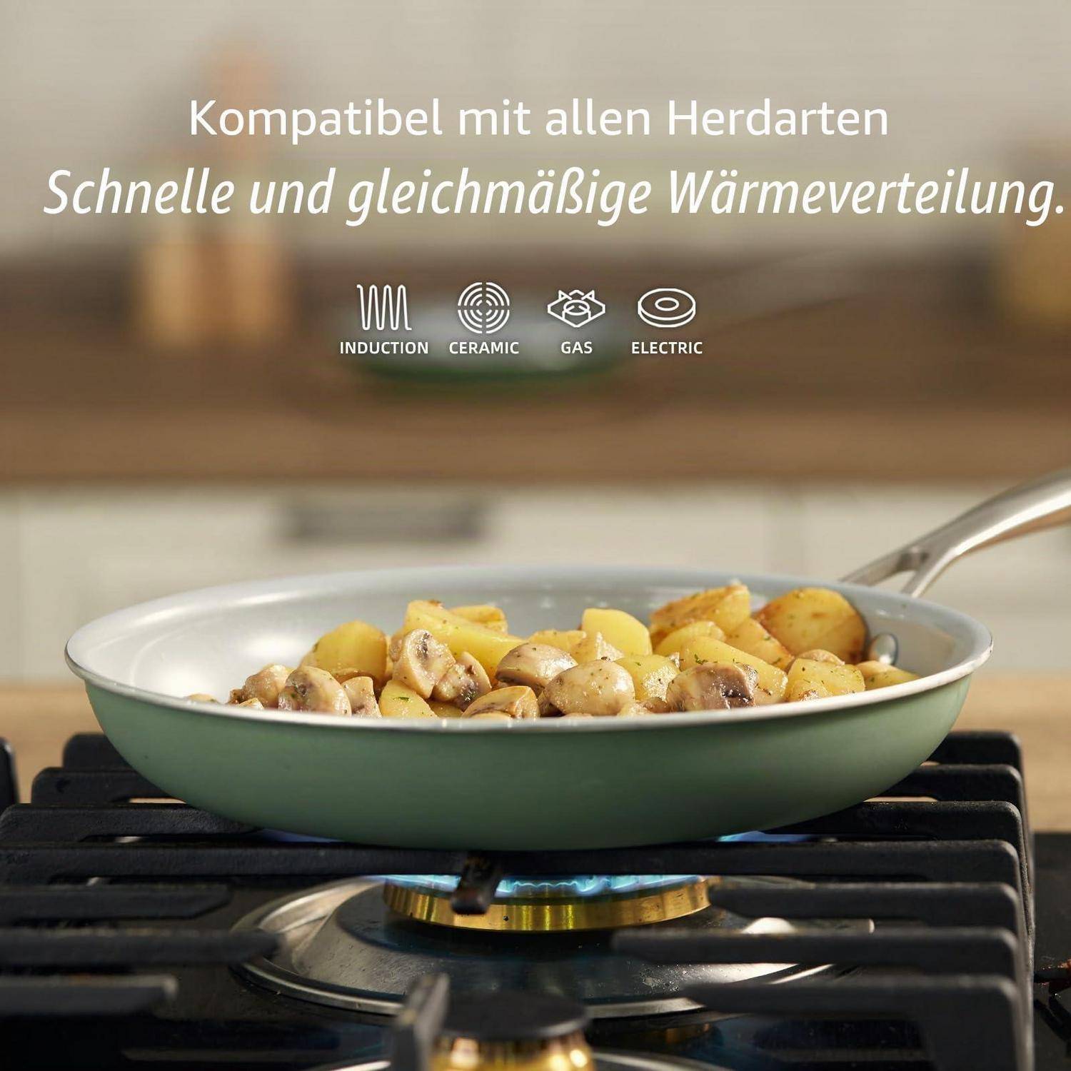 Pfanne mit Kartoffeln auf einem Gasherd, mit deutschem Text, das besagt „Kompatibel mit allen Herdtypen" und „Schnelle, gleichmäßige Wärmeverteilung""; Symbole zeigen Induktion, Keramik, Gas und Elektro.