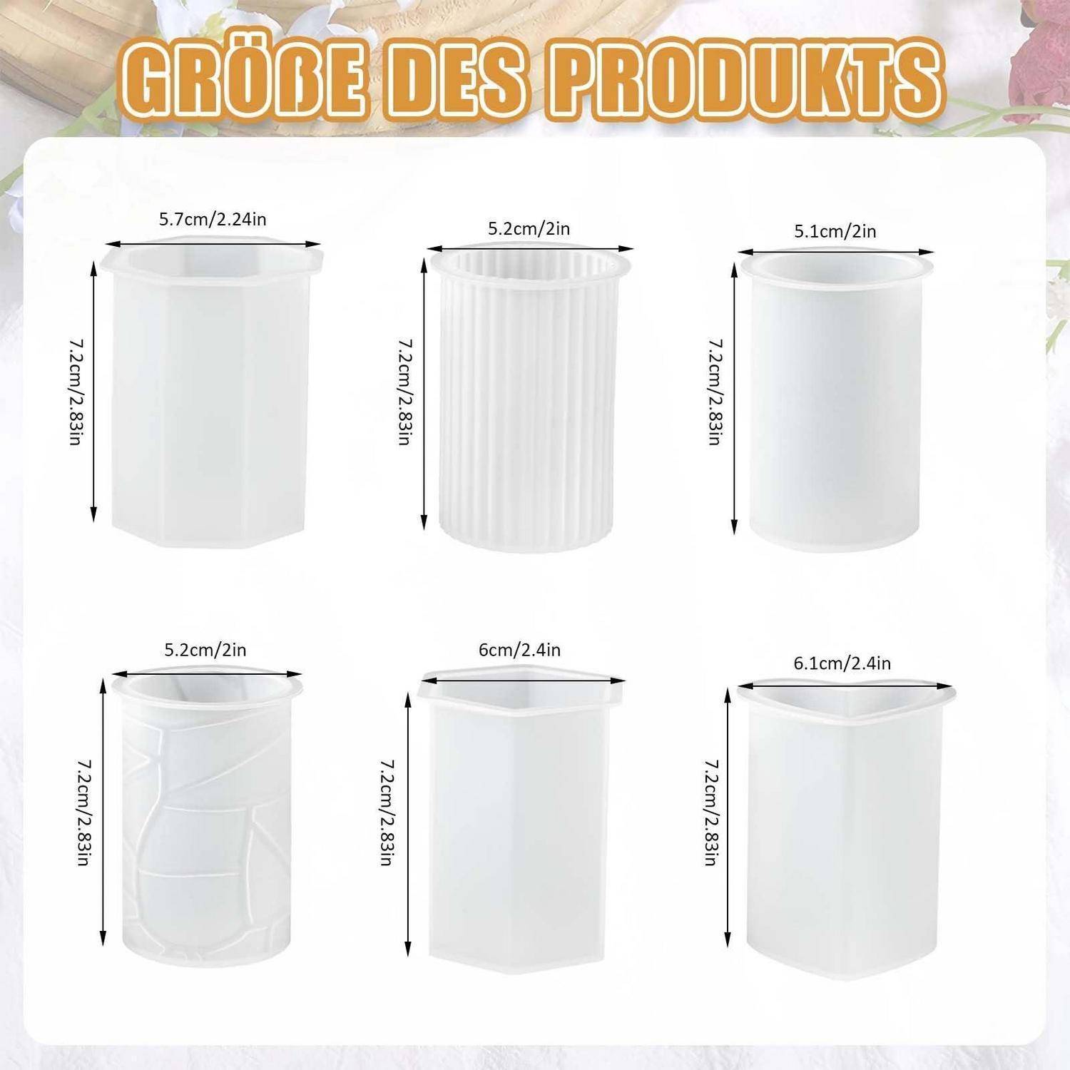 Produktgrößentabelle mit sechs weißen Behältern, jeweils 7,2 cm hoch mit Breiten von 5,1 bis 6,1 cm, gekennzeichnet mit „Größe des Produkts".