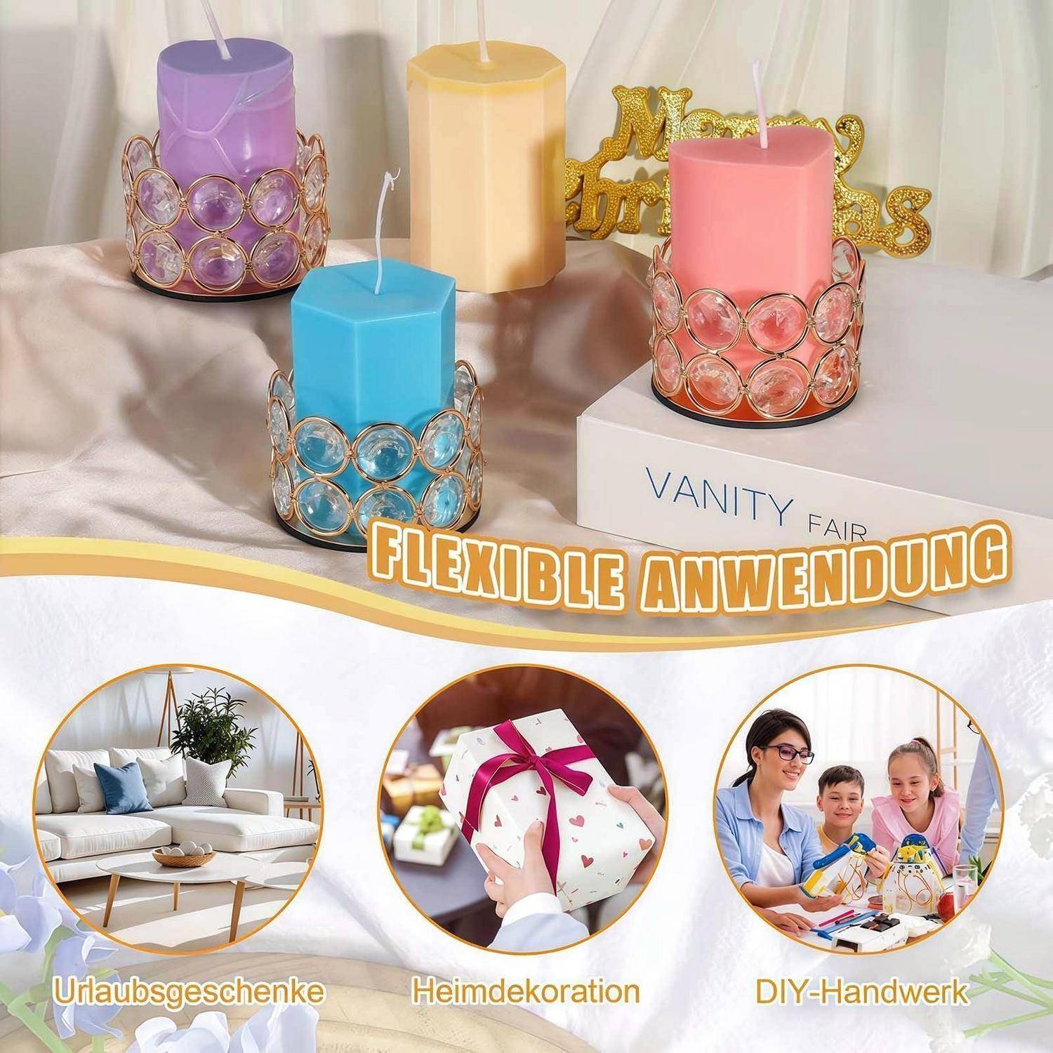 Vier Schmuckkerzen in Lila, Blau, Gelb und Rosa auf einer „VANITY"-Box mit dem Text „FLEXIBLE ANWENDUNG"" und Symbolen für Geschenke, Heimdekoration und DIY.