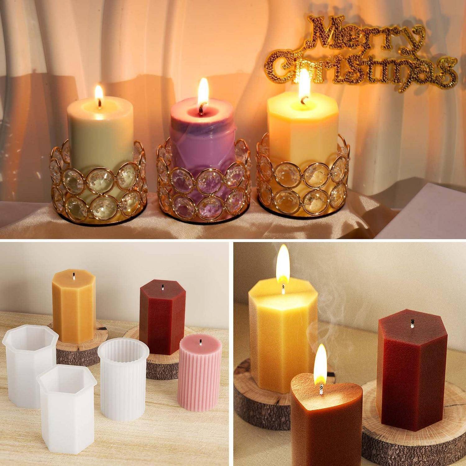 Collage aus dekorierten Kerzenmatrizen und Gussformen für ein weihnachtliches Kerzenbastel-projekt, mit brennenden Kerzen und einem „Frohe Weihnachten"-Schild.