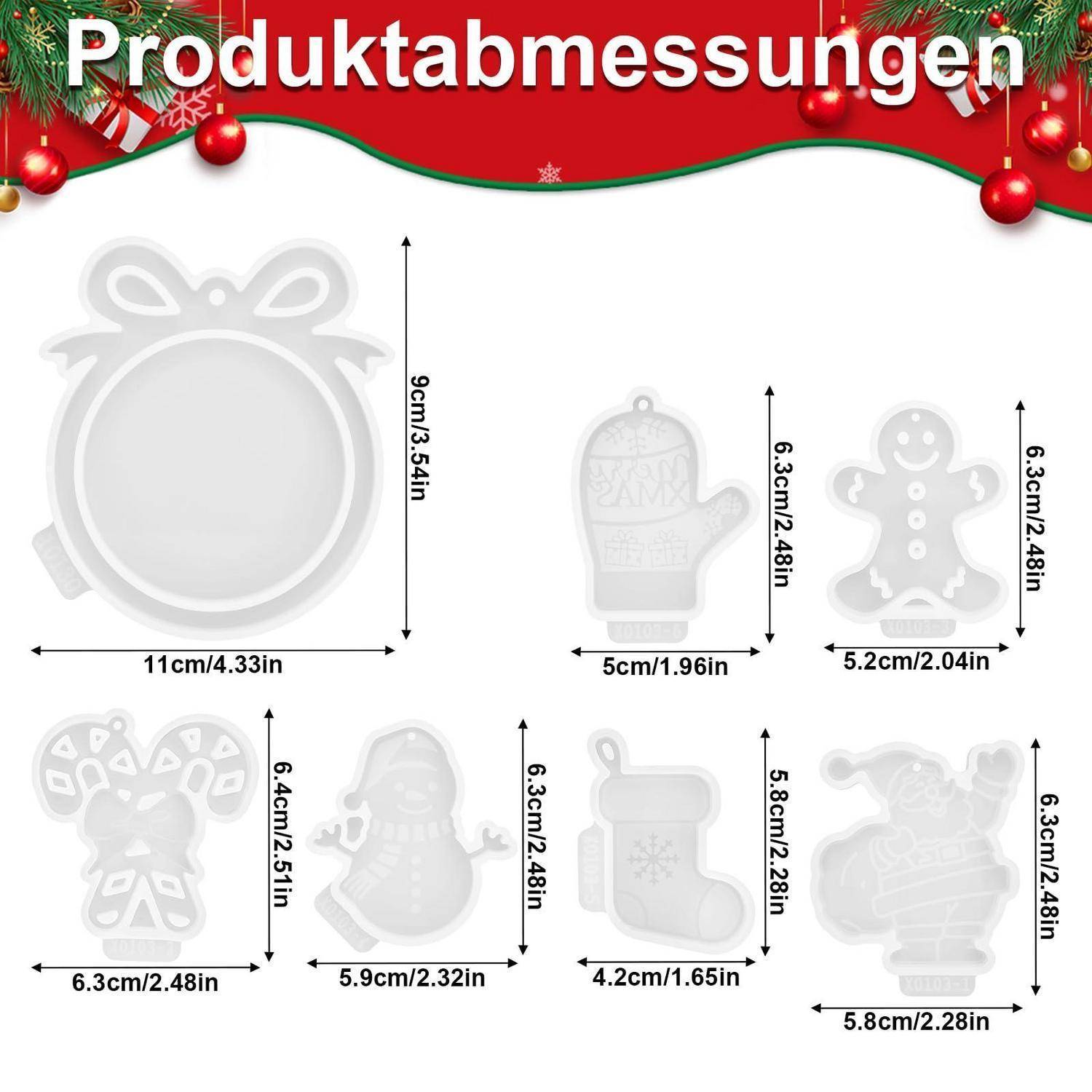 Weihnachtsornament-Vorlage mit sechs weißen ausgeschnittenen Formen und Größenetiketten in cm und Zoll, einschließlich eines runden Schleifendesigns, Fäustling, Lebkuchen-Mann, Schneeflocken-Schleife, Weihnachtsmann, Strumpf und Schlitten.