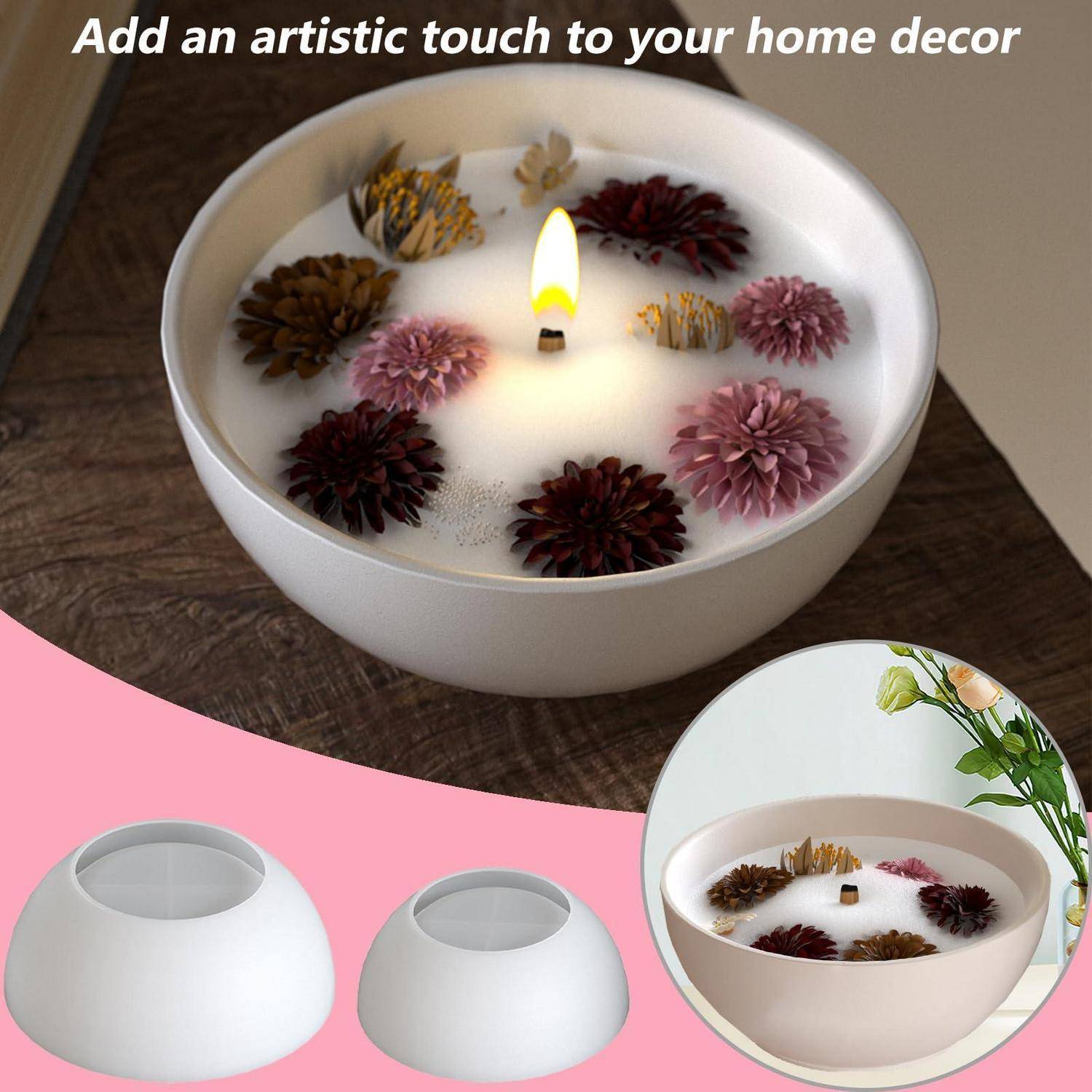 Dekorative Schüssel-Kerze mit schwimmenden Blumen und einer zentralen Flamme, dargestellt als Wohndekor-Produkt mit zwei Schüsselgrößenoptionen und einem stilisierten Beispiel.