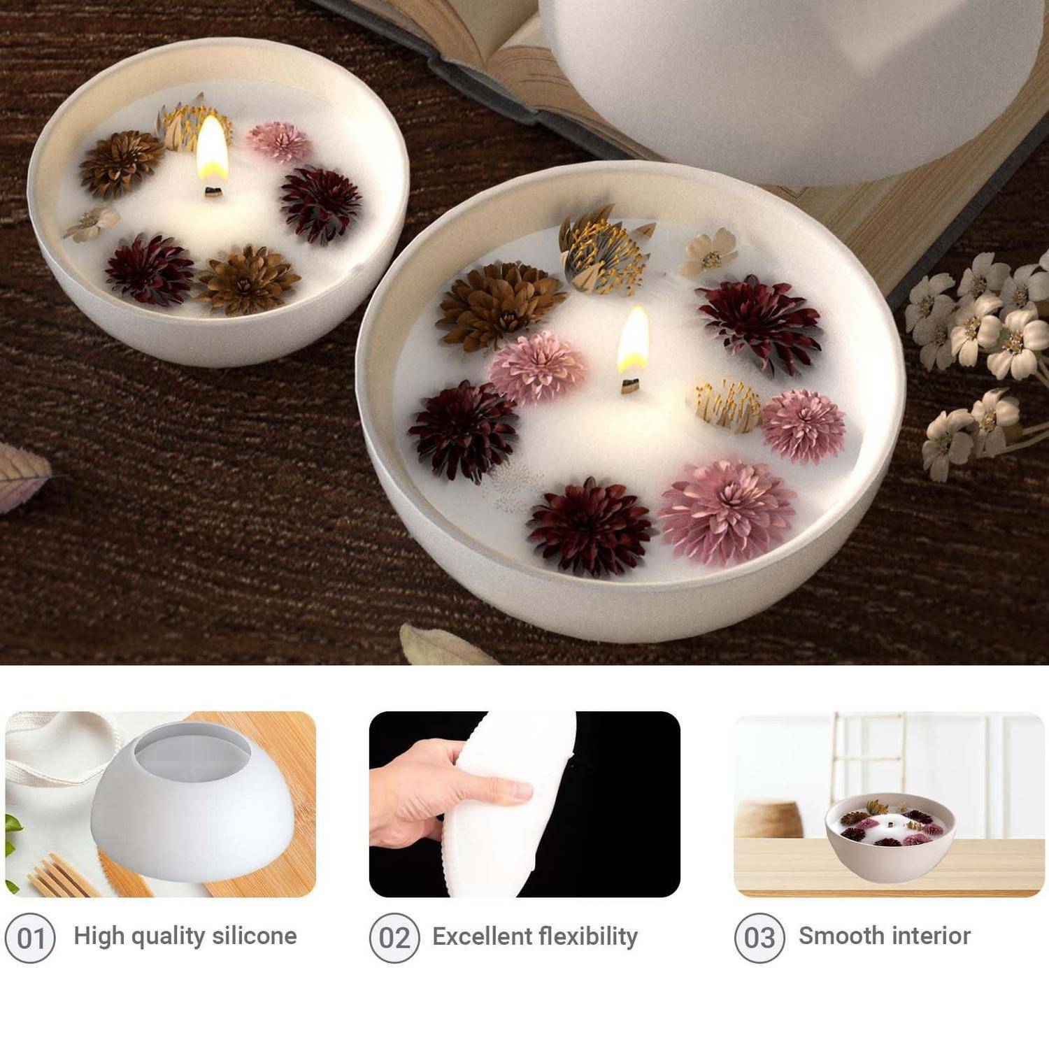 Produktbild mit Silikonkerzenformen zur Herstellung von schalenförmigen Kerzen, mit Beispielen von fertigen Kerzen und Nahaufnahmen, die hohe Qualität, Flexibilität und glatte Innenfläche hervorheben.