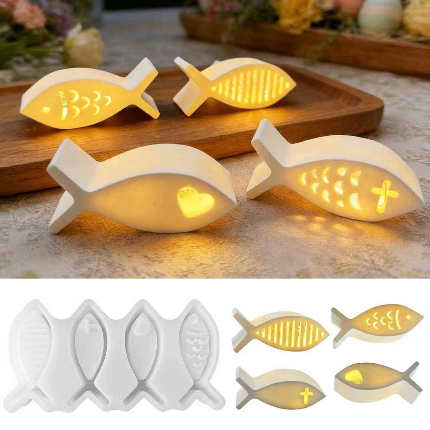 Fischförmige LED-Nachtlichter mit warmem Glühen, gezeigt in vier Designs mit Ausschnittmustern und einer Produktvorschau des Sets in Weiß und Gelb.