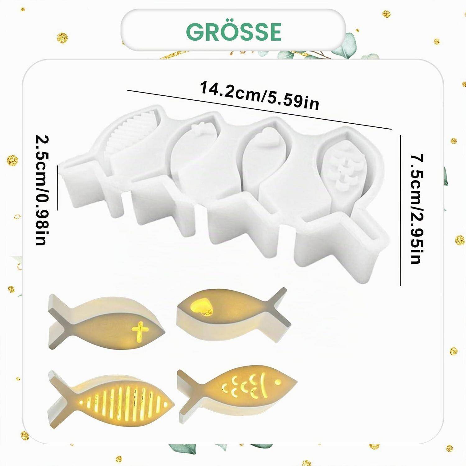 Größentabelle für eine fischförmige Form mit den Maßen 14,2 cm breit, 7,5 cm hoch und 2,5 cm tief, mit vier Beispielen für Formdesign.