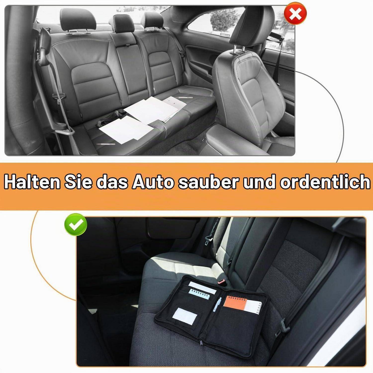 Grafik zum Vergleich einer unordentlichen Rückbank eines Autos mit Papieren und einer aufgeräumten Rückbank mit einer Dokumentenmappe; Nachricht: Halten Sie das Auto sauber und ordentlich.