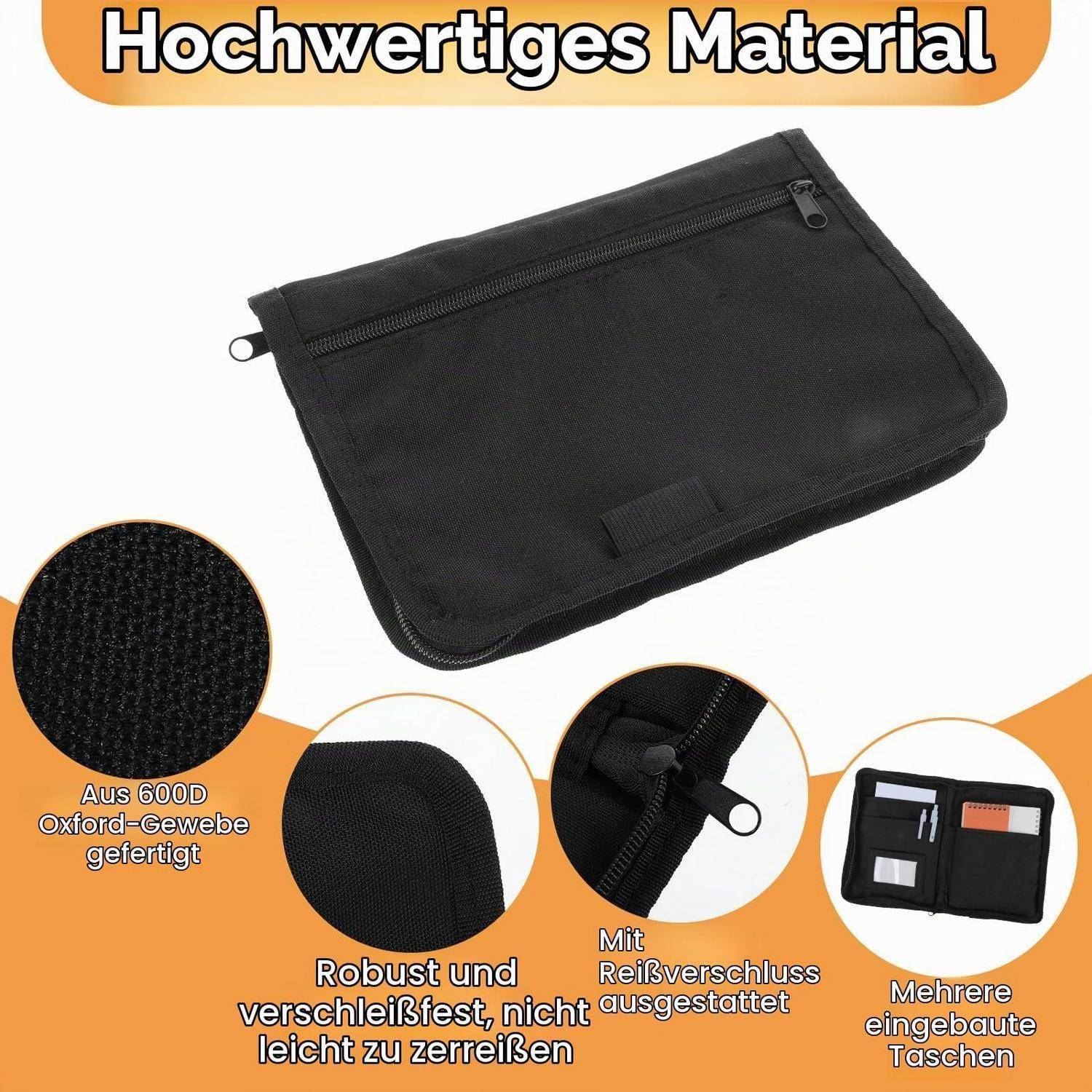 Schwarze Reißverschlusstasche aus strapazierfähigem 600D-Oxford-Gewebe, gezeigt mit detaillierten Nahaufnahmen und mehreren integrierten Taschen; deutscher Text hebt das hochwertige Material hervor.