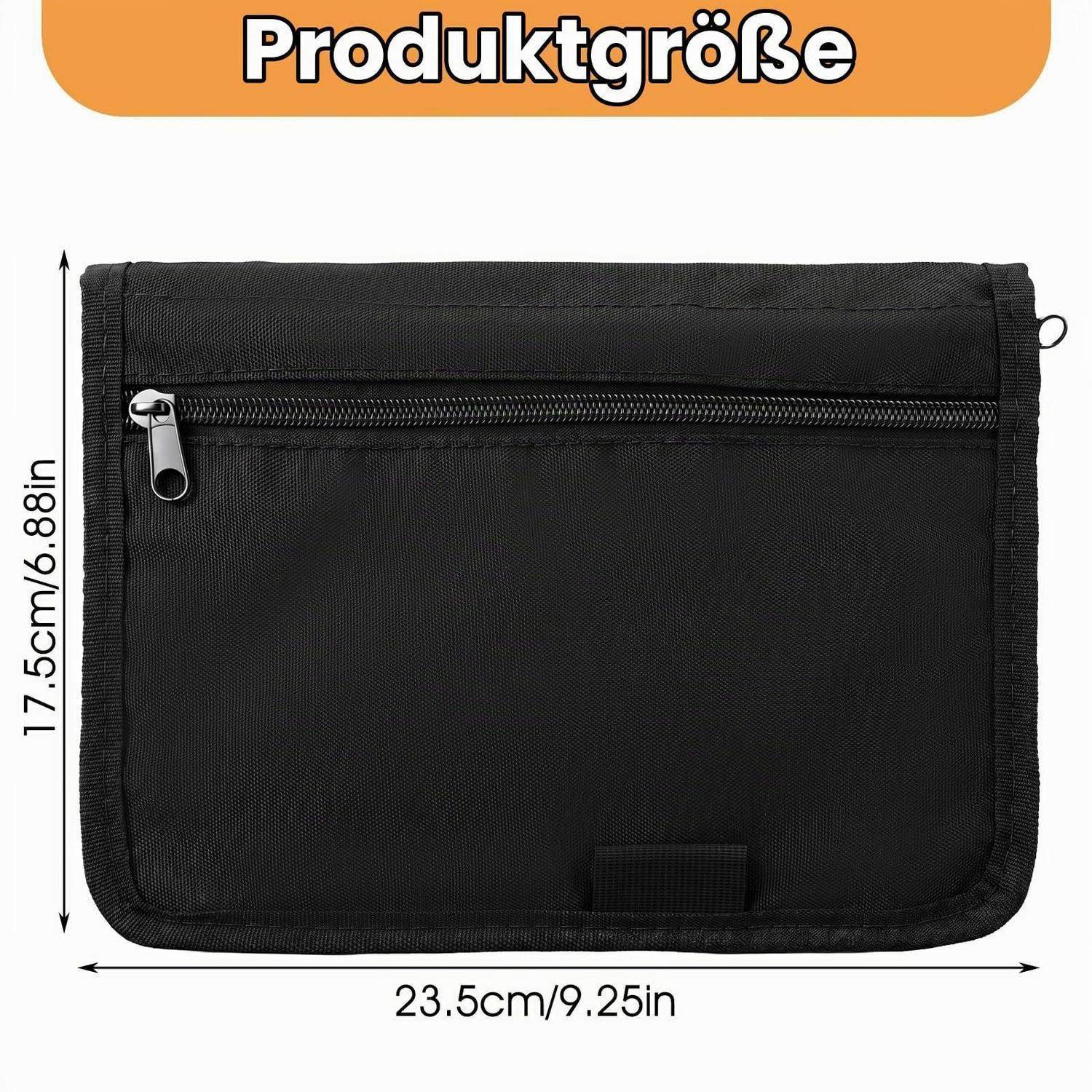 Schwarze Reißverschlusstasche shown as 'Produktgröße', misst 23,5 cm breit und 17,5 cm hoch, mit frontalem Reißverschluss und Zuglaschen.