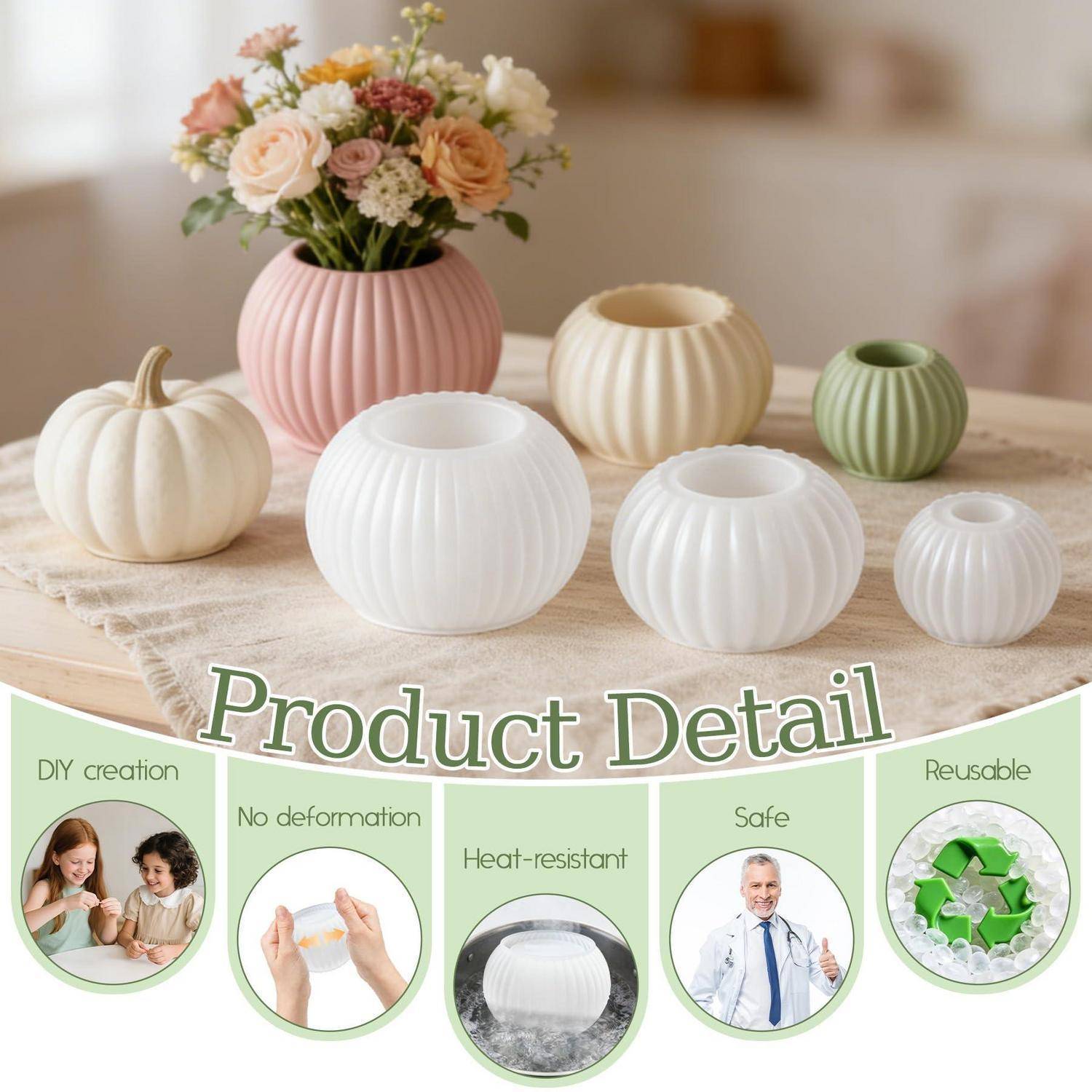 Produktdetailbild mit strukturierten keramikähnlichen Vasen und Schüsseln in Weiß, Creme, Rosa und Grün auf einem Tisch mit Blumen; Icons unten heben DIY-Herstellung, keine Verformung, Wärmeverständlichkeit, Sicherheit und Wiederverwendbarkeit hervor.