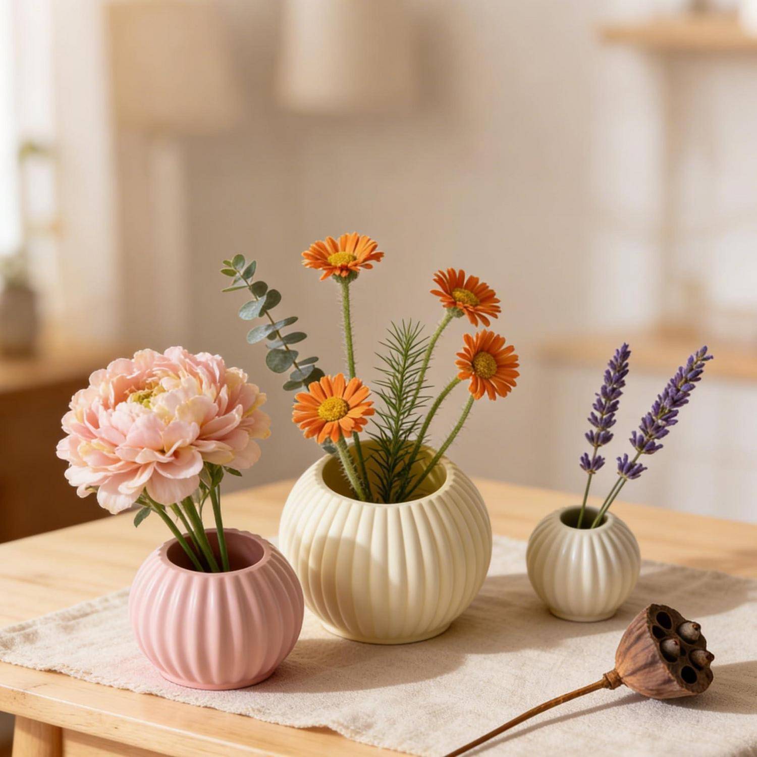 Drei kleine gerippte Vasen auf einem Holztisch enthalten rosa, orange und violette Blumen in einem sanft beleuchteten Raum.