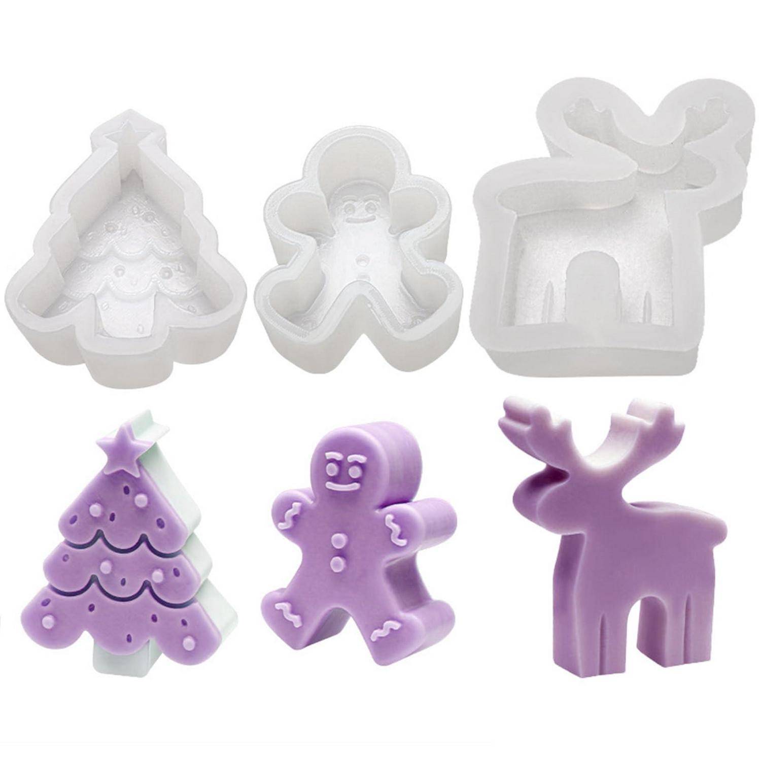 Sechs feiertagsförmige Silikonformen zum Herstellen von Weihnachtsleckereien: Tannenbaum, Lebkuchen-Männchen und Rentier, gezeigt in schlichten weißen und fertigen violetten Beispielen.