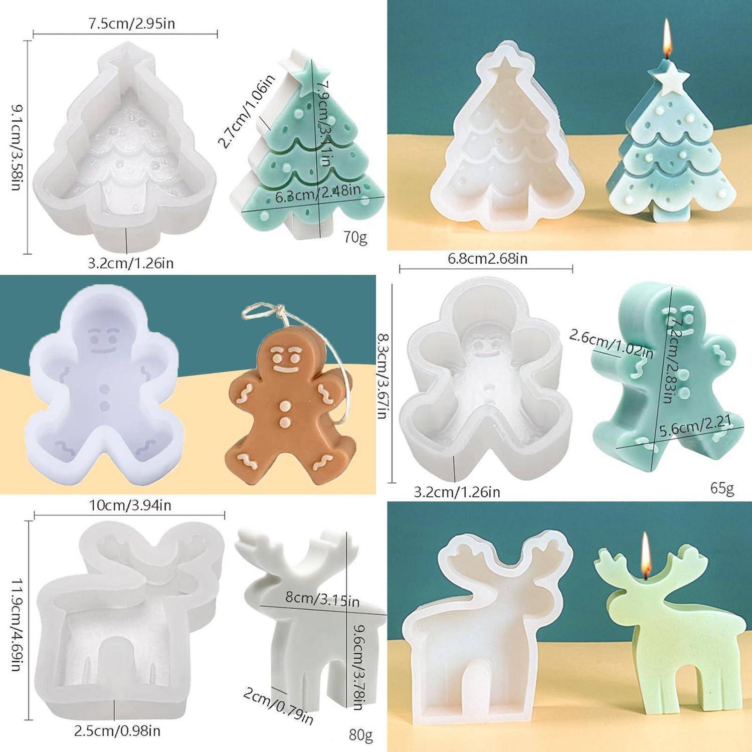 Collage von Silikonformformen mit Größenangaben, die Weihnachtsbäume, Lebkuchenmänner, Geister, Schneemänner, Rentier- und Hirschformen zeigt, von denen einige als fertige Kerzen dargestellt sind.