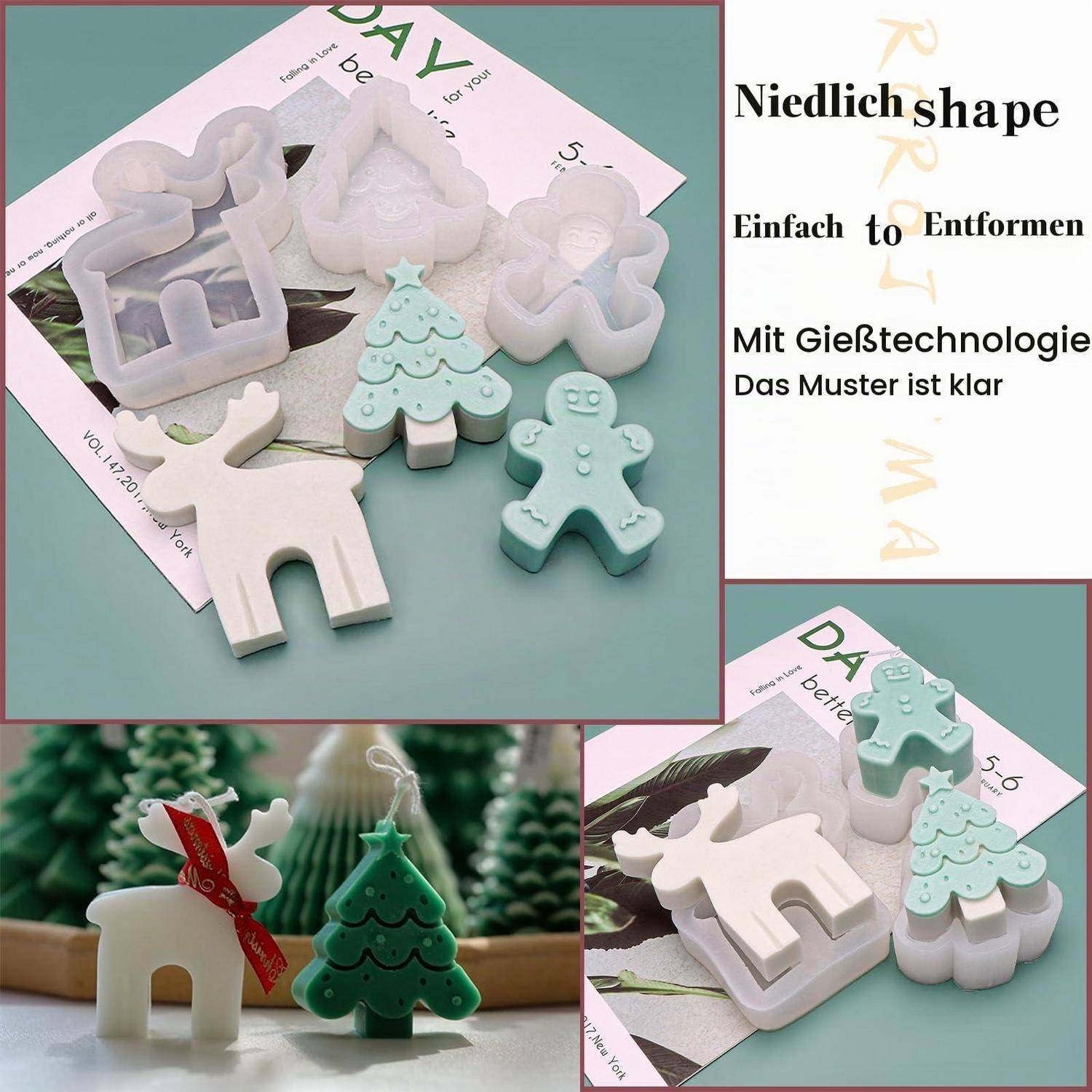 Eine Collage aus Silikonformen und fertigen Kunstharzarbeiten: Hirsch, Weihnachtsbaum, Lebkuchen und Engelsformen mit deutschem Text 'Niedliche Form', 'Leicht zu entformen' und 'Mit Gießtechnik Das Muster ist klar'.