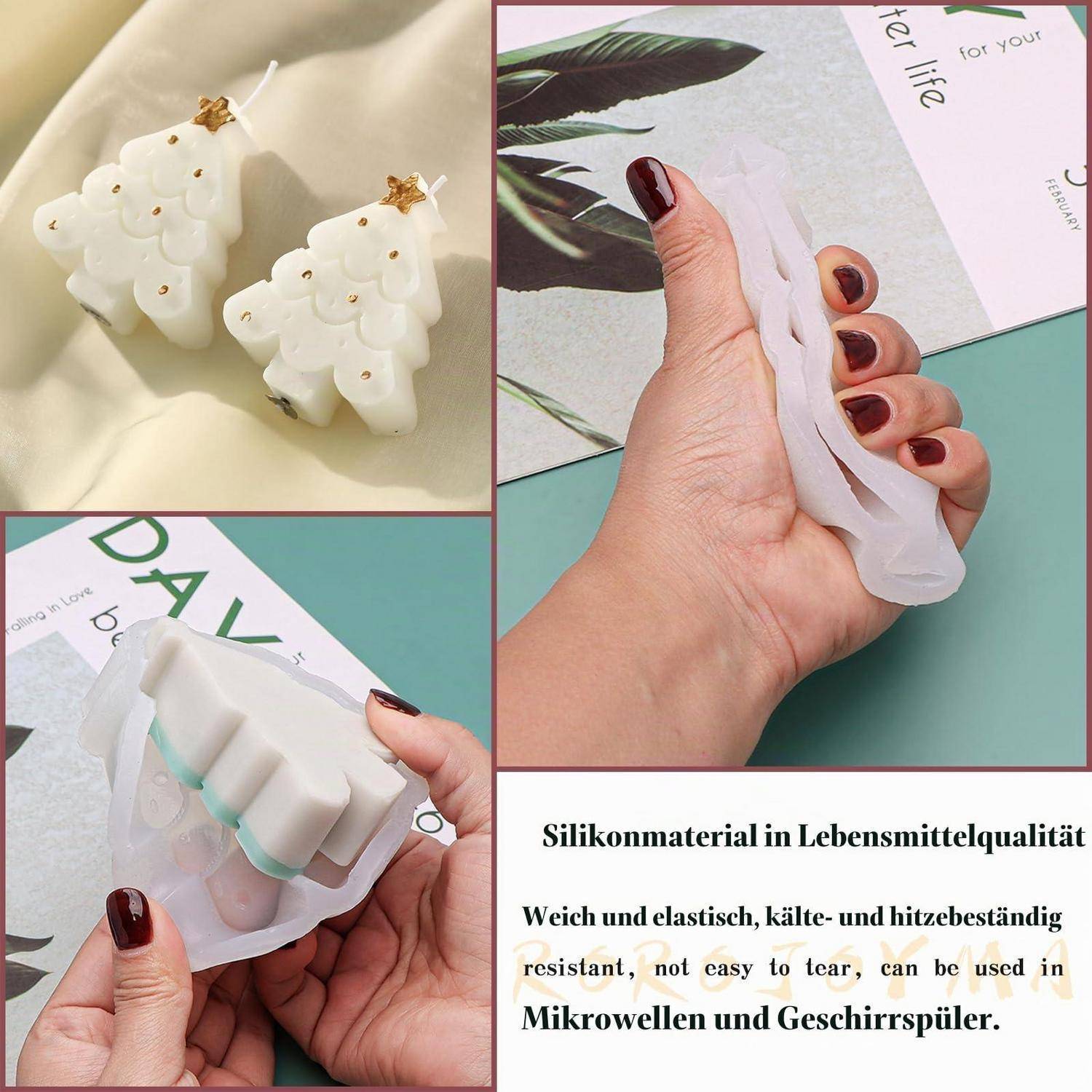 Collage von weißen Silikon-Weihnachtsbaumformen, die von Hand zusammengedrückt werden, zeigt flexibles, lebensmittelgerechtes Material; deutscher Text besagt hitze- und kältebeständig, mikrowellen- und spülmaschinenfest.