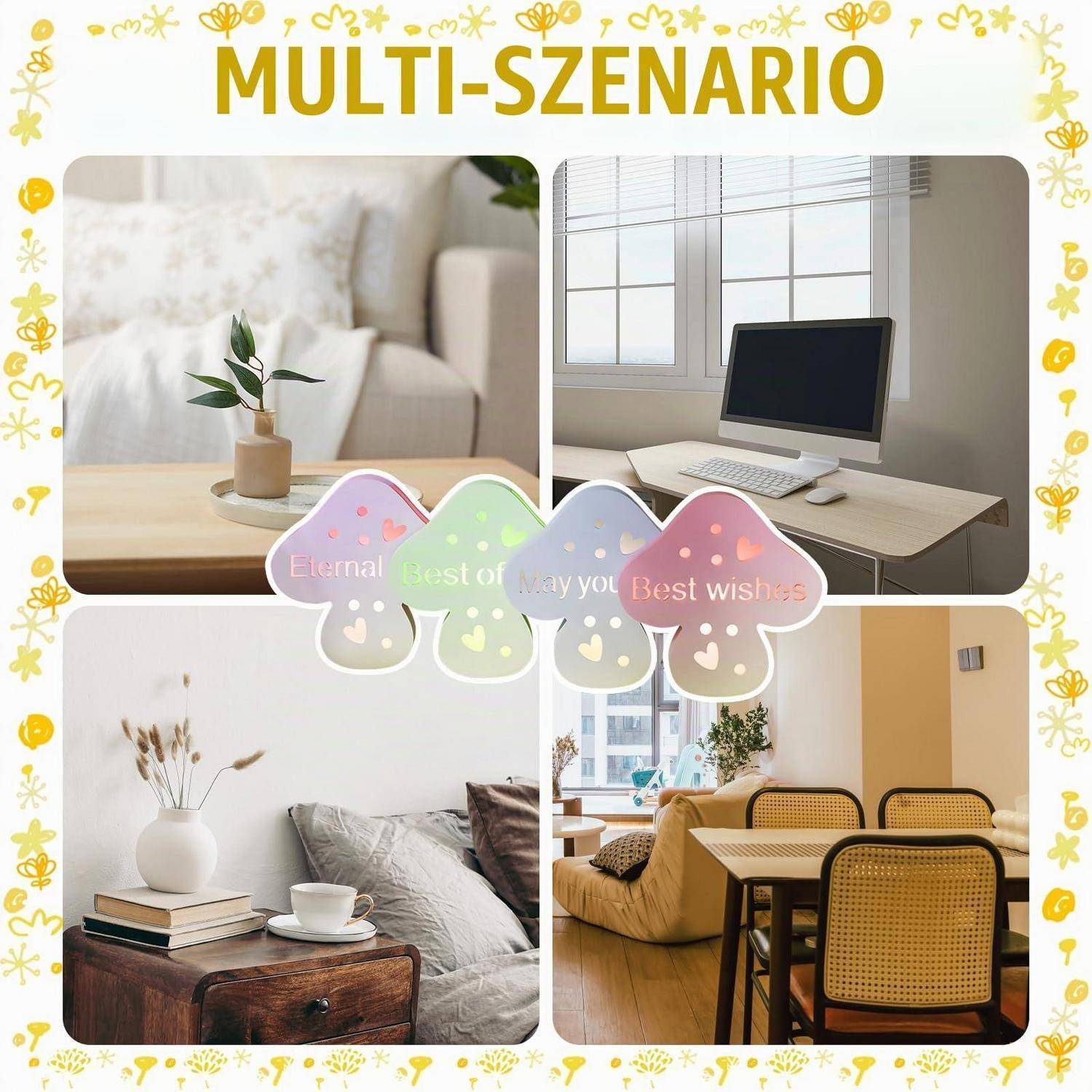Collage mit der Bezeichnung „MULTI-SZENARIO" zeigt vier gemütliche Wohnungsinterieurs: eine Pflanze auf einem Tisch, einen Laptop-Arbeitsplatz, eine Schlafzimmer-Lesenische und einen Essbereich.