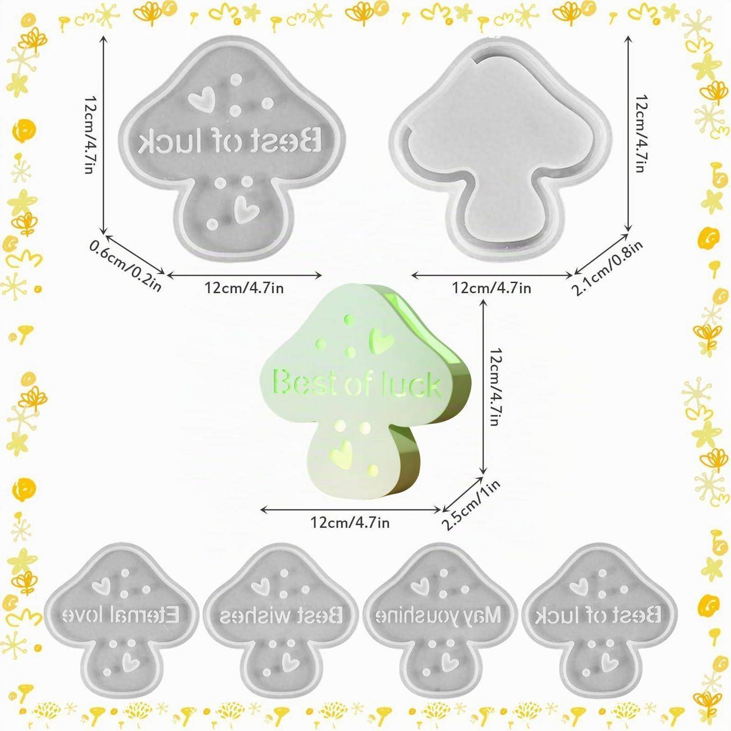 Produktbild von pilzförmigen Silikonformen, 12 cm breit, in Grau und Grün, Vorder- und Rückseite zeigend mit geprägtem Text: „Viel Glück", „Alles Gute"", „Mögest du strahlen"" und „Ewige Liebe"".