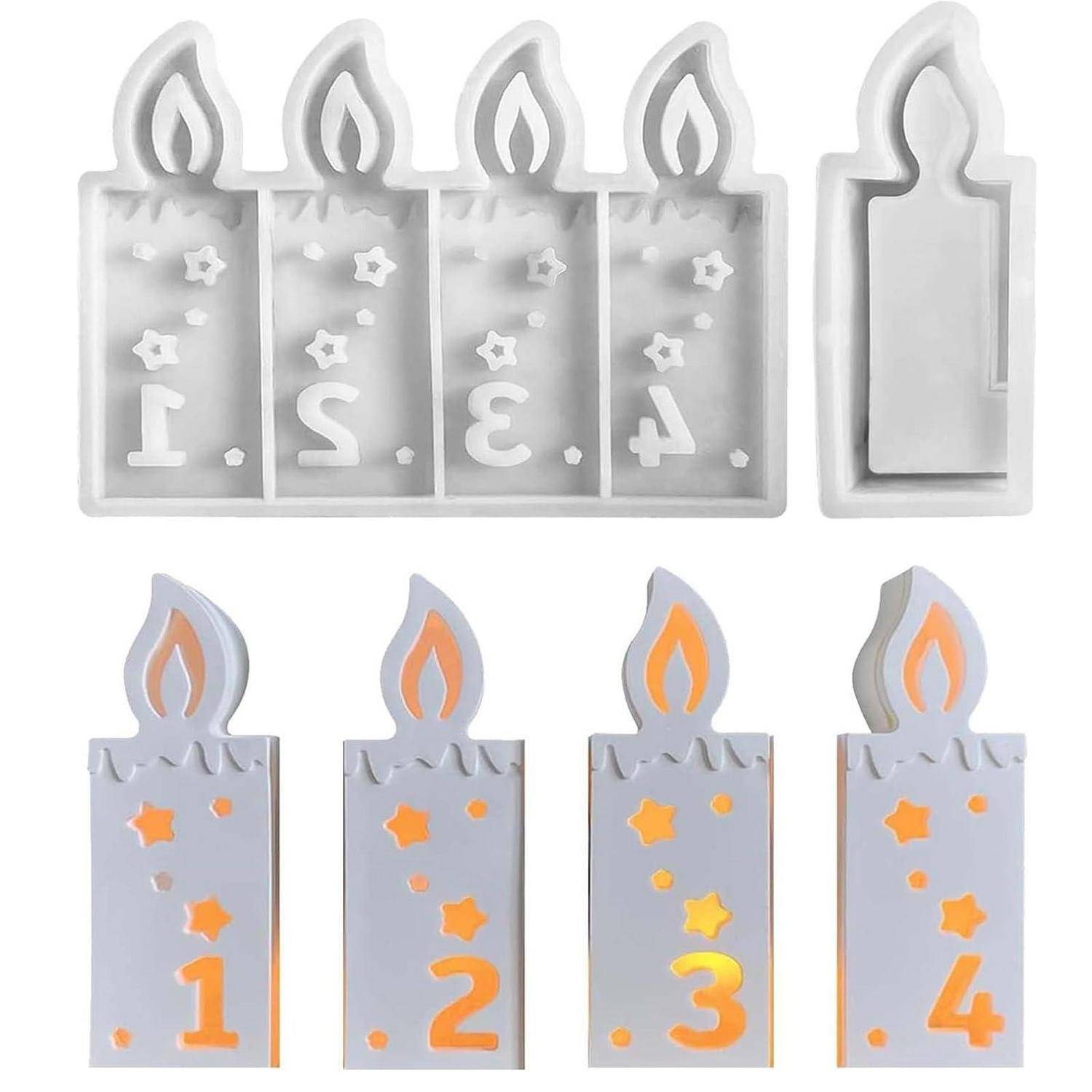 Set von kerzenförmigen Nummern-Plätzchenausstechen mit geprägten Zahlen 1 bis 4 und einer schlichten Kerzenausstecher-Form.