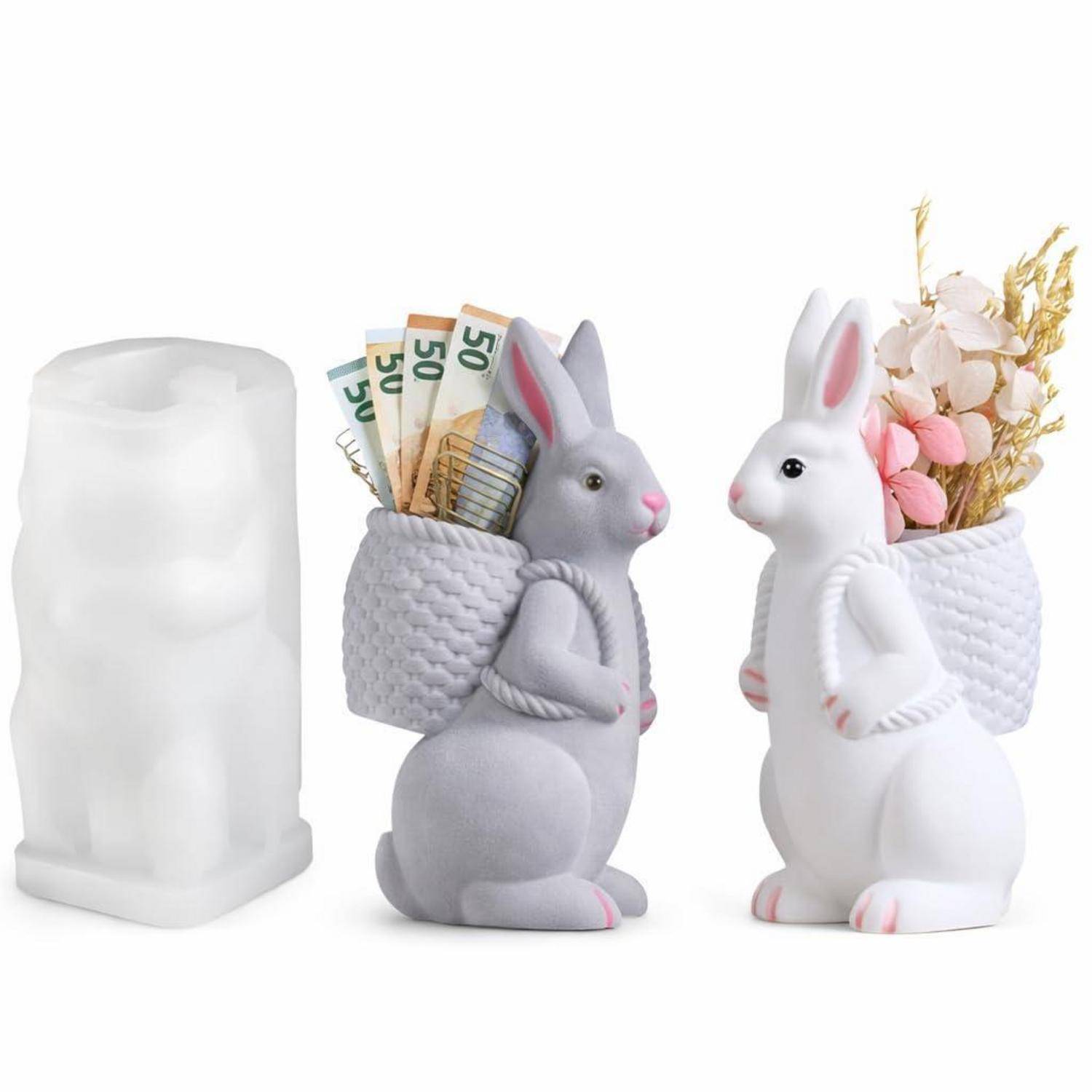 Produktbild einer Hasenform-Dekovase oder eines Containers, dargestellt in Weiß und Grau, wobei einer Blumen hält und ein anderer Geldscheine hält; eine einfache Form wird daneben gezeigt.