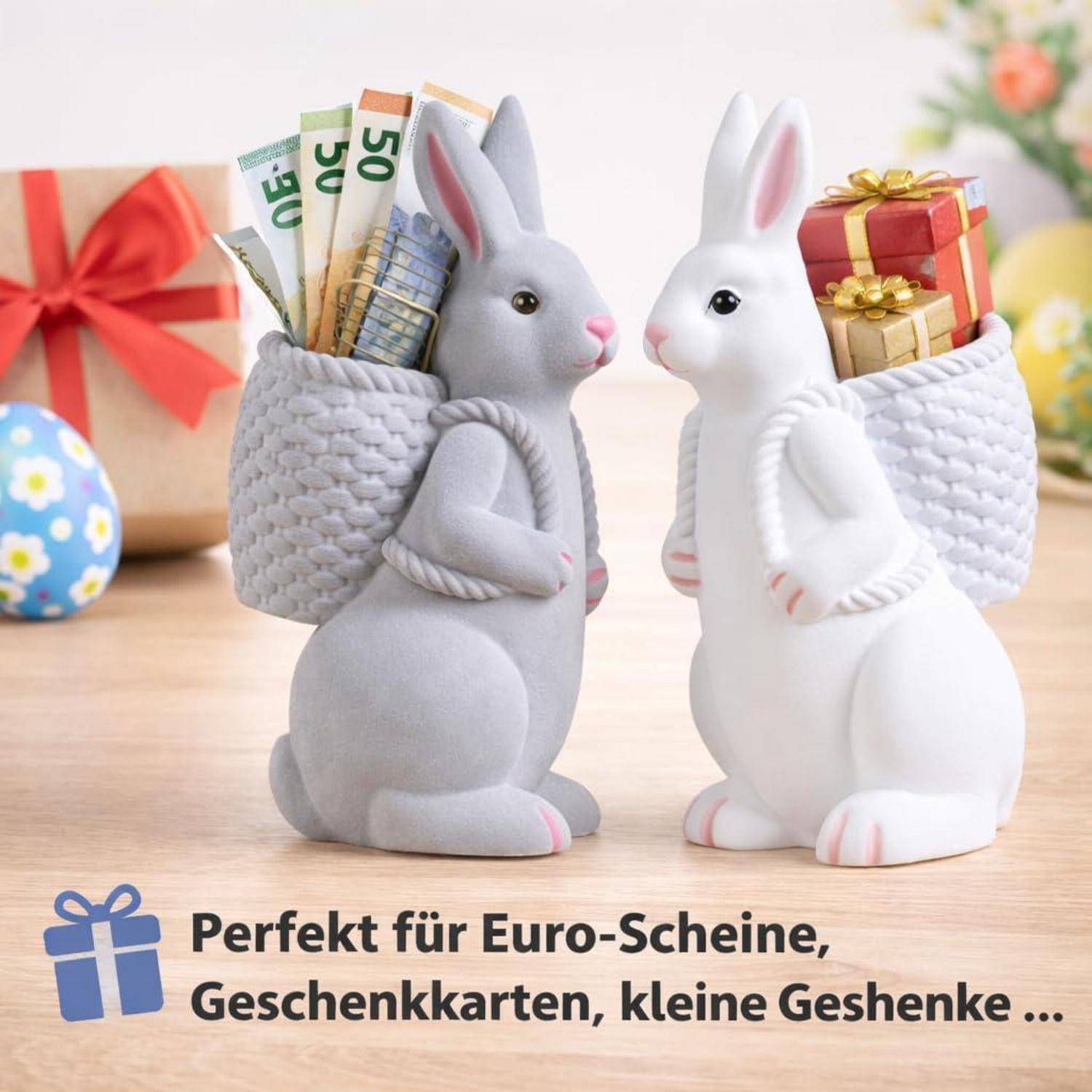 Zwei dekorative Kaninchenfiguren mit geflochtenen Körben: eine hält Euro-Scheine, die andere Geschenkboxen; der Text sagt „Perfekt für Euro-Scheine, Geschenkkarten, kleine Geschenke ..."