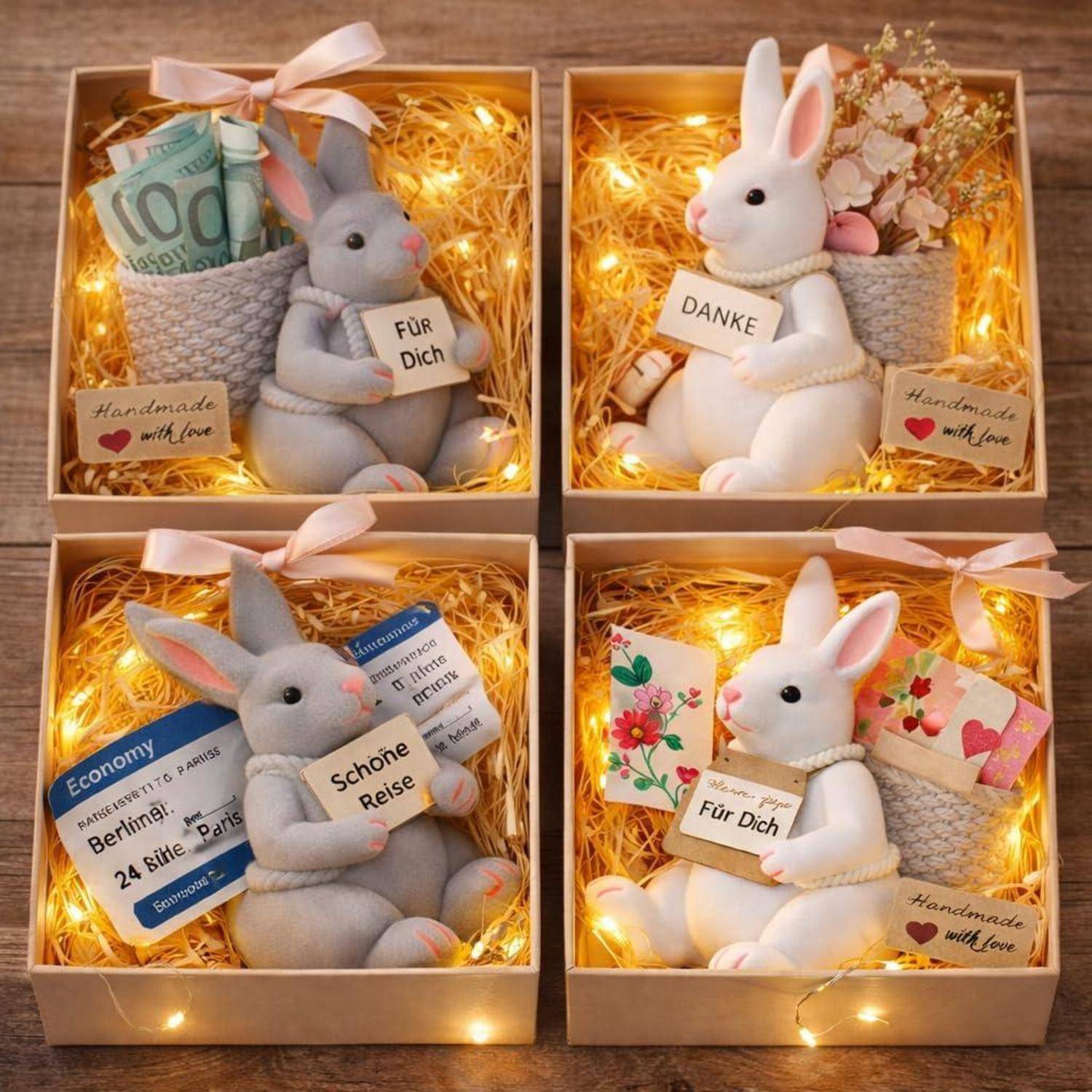 Vier Geschenkboxen mit Plüschkaninchen, Lichterketten, Blumen und handgeschriebenen Etiketten mit der Aufschrift „Für Dich", „Danke"", „Schöne Reise"" und „Handmade with love"".