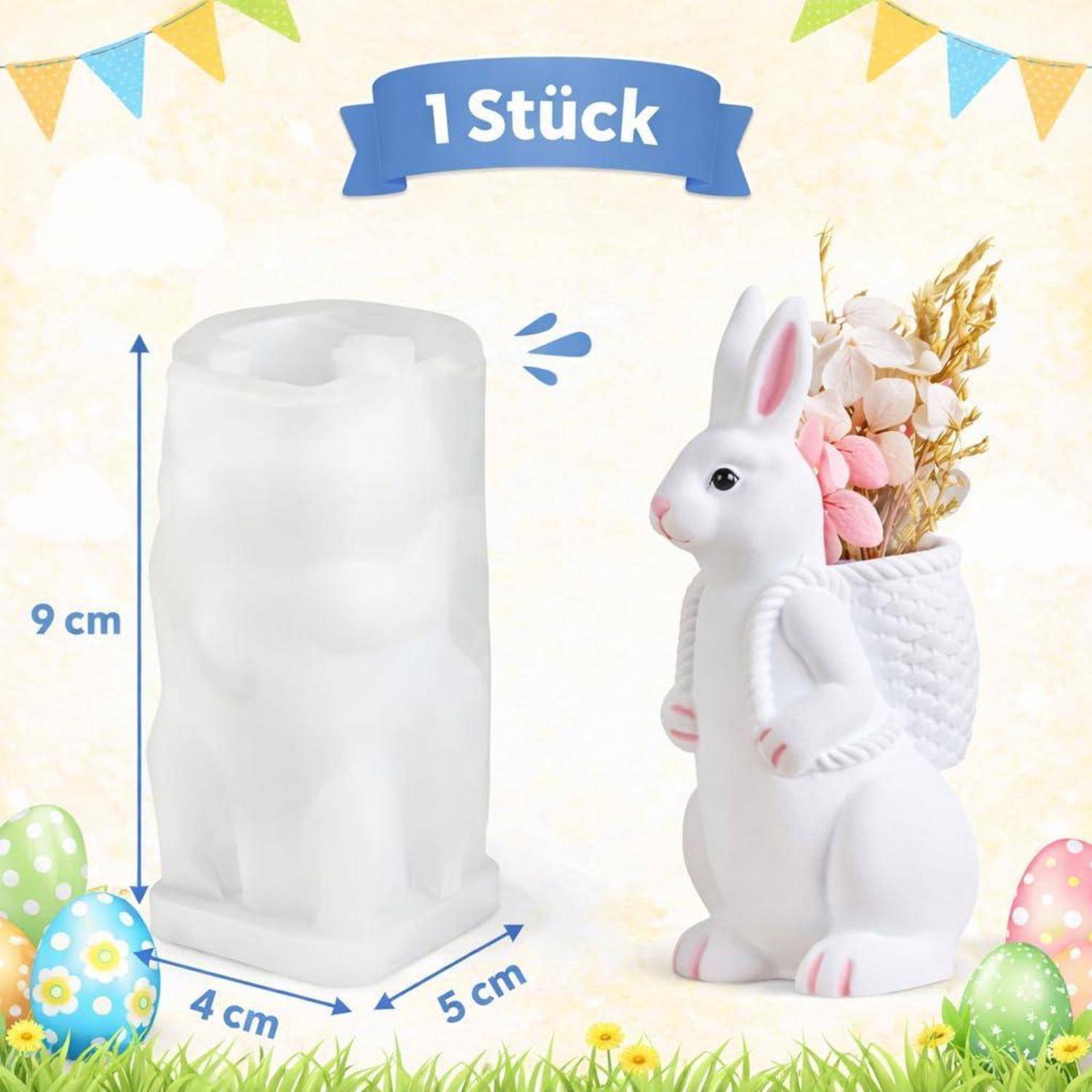 Produktbild zeigt eine 9 cm hohe, 4 x 5 cm große Form für eine kaninchenförmige dekorative Vase oder ein Pflanzgefäß, gekennzeichnet mit '1 Stück'.