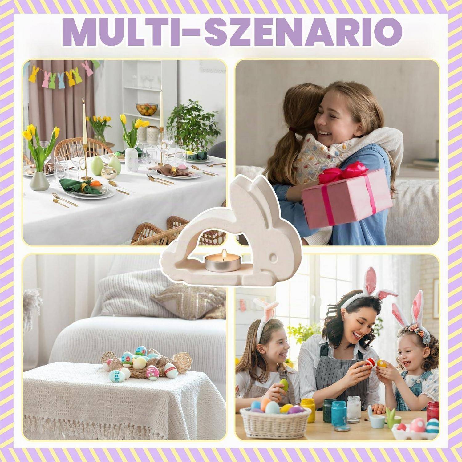 Collage mit dem Titel „MULTI-SZENARIO", die Osteranwendungen zeigt: ein dekorierter Esstisch, eine Geburtstagsumarmung mit Geschenk, ein Schlafzimmer mit Eiern und eine Familie, die Eier färbt, mit einem Hasenkerzenhalter in der Mitte.