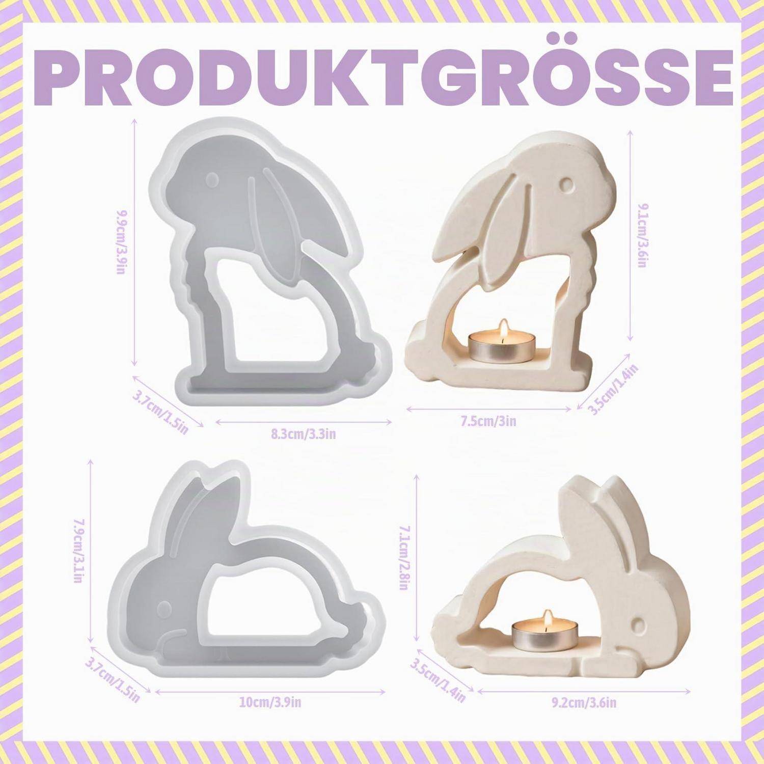 Größentabelle für Produkte mit einem hasenförmigen Kerzenhalter aus vier Blickwinkeln, mit Abmessungen in cm und Zoll gekennzeichnet.