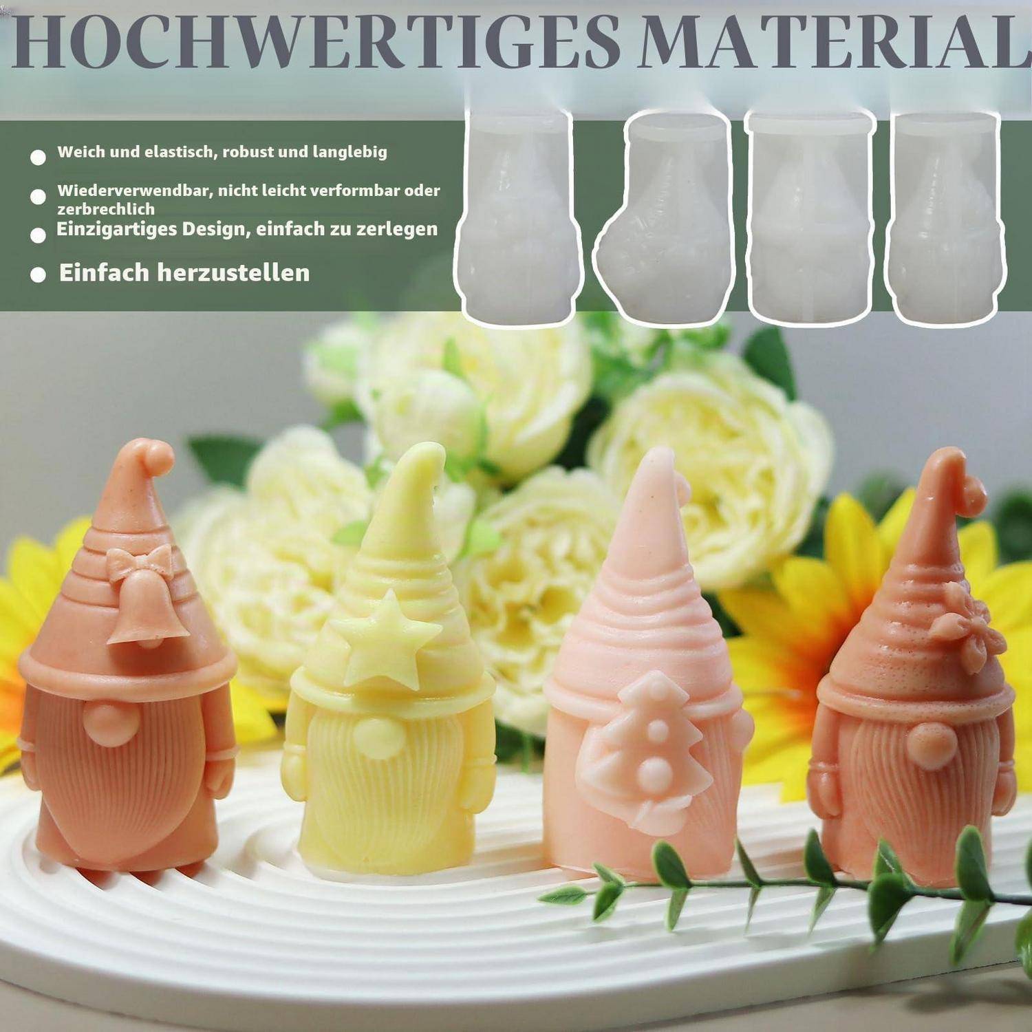 # Produktfoto von vier pastellfarbenen zwergförmigen Kerzen oder Formen auf einem weißen Teller, mit deutschem Text, der "Hochwertiges Material"" bewirbt und Merkmale wie langlebig, wiederverwendbar, leicht zu formen und einfach herzustellen.