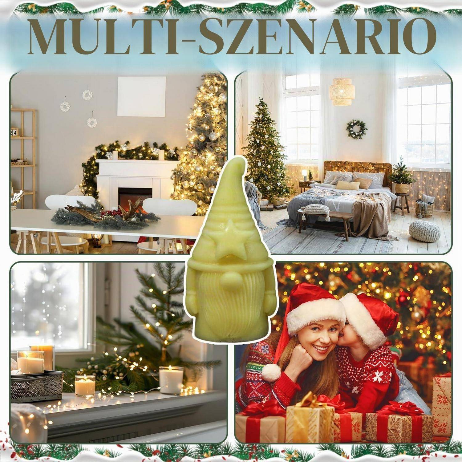 Weihnachtsdeko-Collage, die ein „Multi-Szenario"-Feiertagszimmer mit beleuchteten Bäumen, Kamin, Kerzen, einer Zwergnfigur und einem lächelnden Paar in Weihnachtsmützen mit Geschenken zeigt.