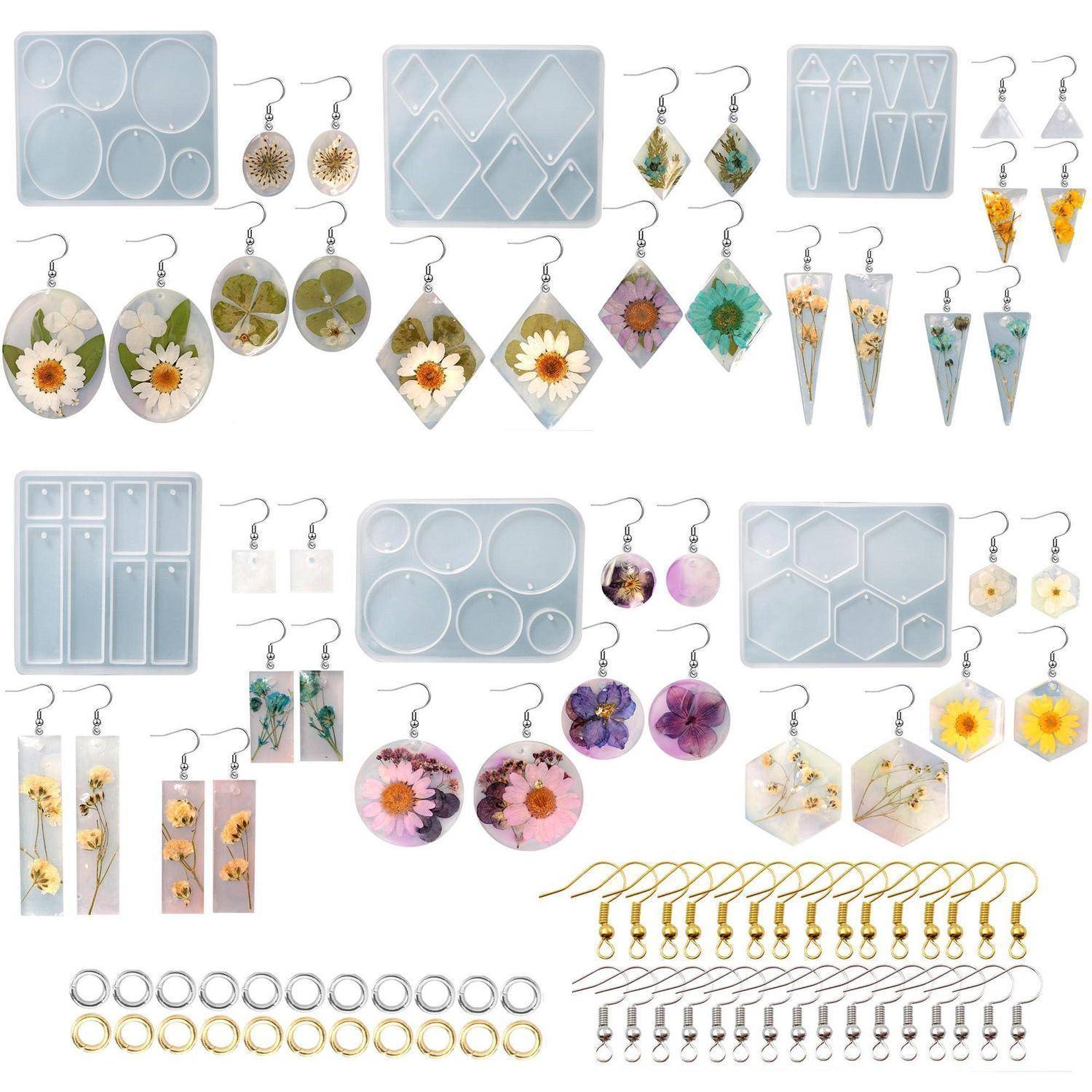 Collage von Kunstharzschmuck-Gussformen mit Beispielohrringen und Reifen in verschiedenen geometrischen und floralen Designs, plus Sätze von Metall-Ohrhaken und Ringen.