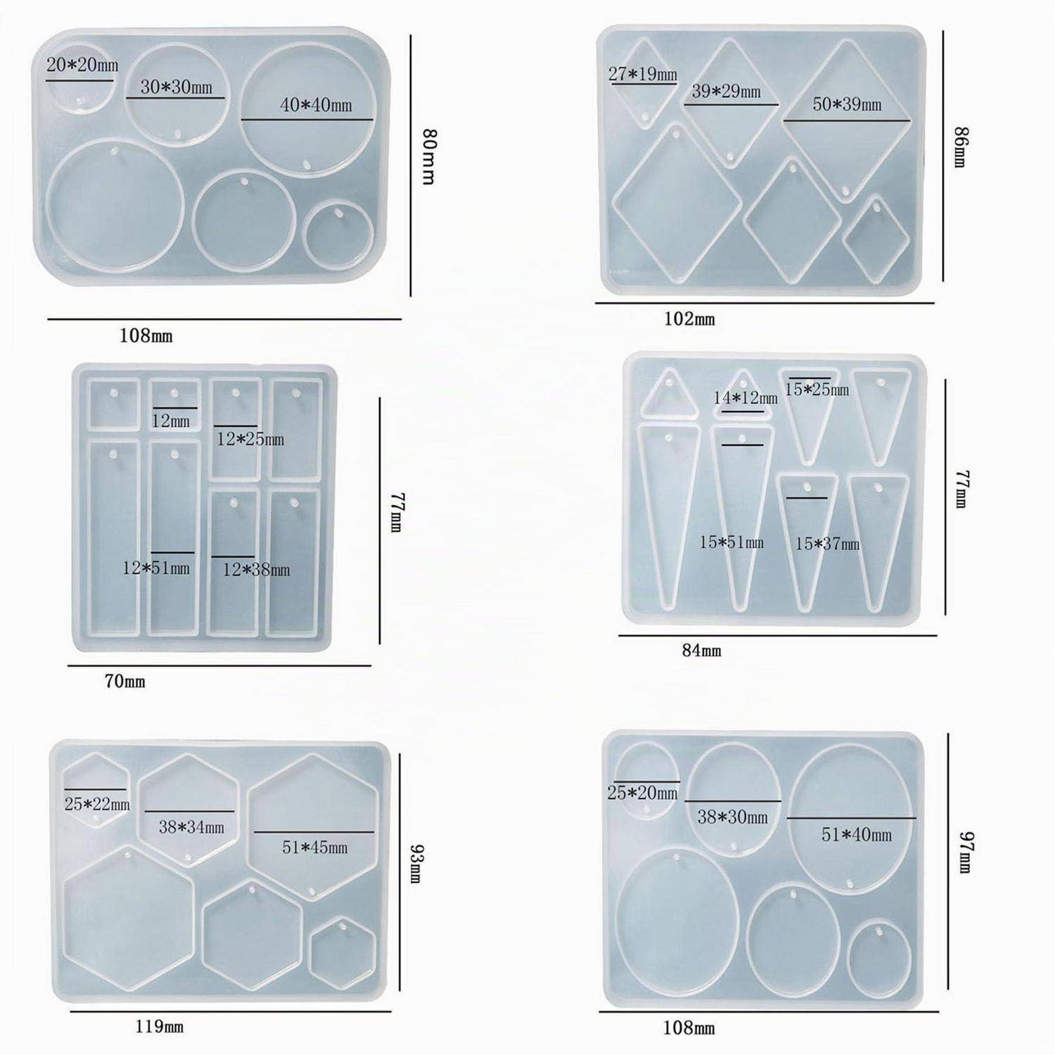 Sechs Bilder von durchscheinenden Silikon-Gussformen mit verschiedenen geometrischen Hohlräumen, jeweils gekennzeichnet mit Hohlraumgrößen und Gesamtabmessungen in Millimetern.