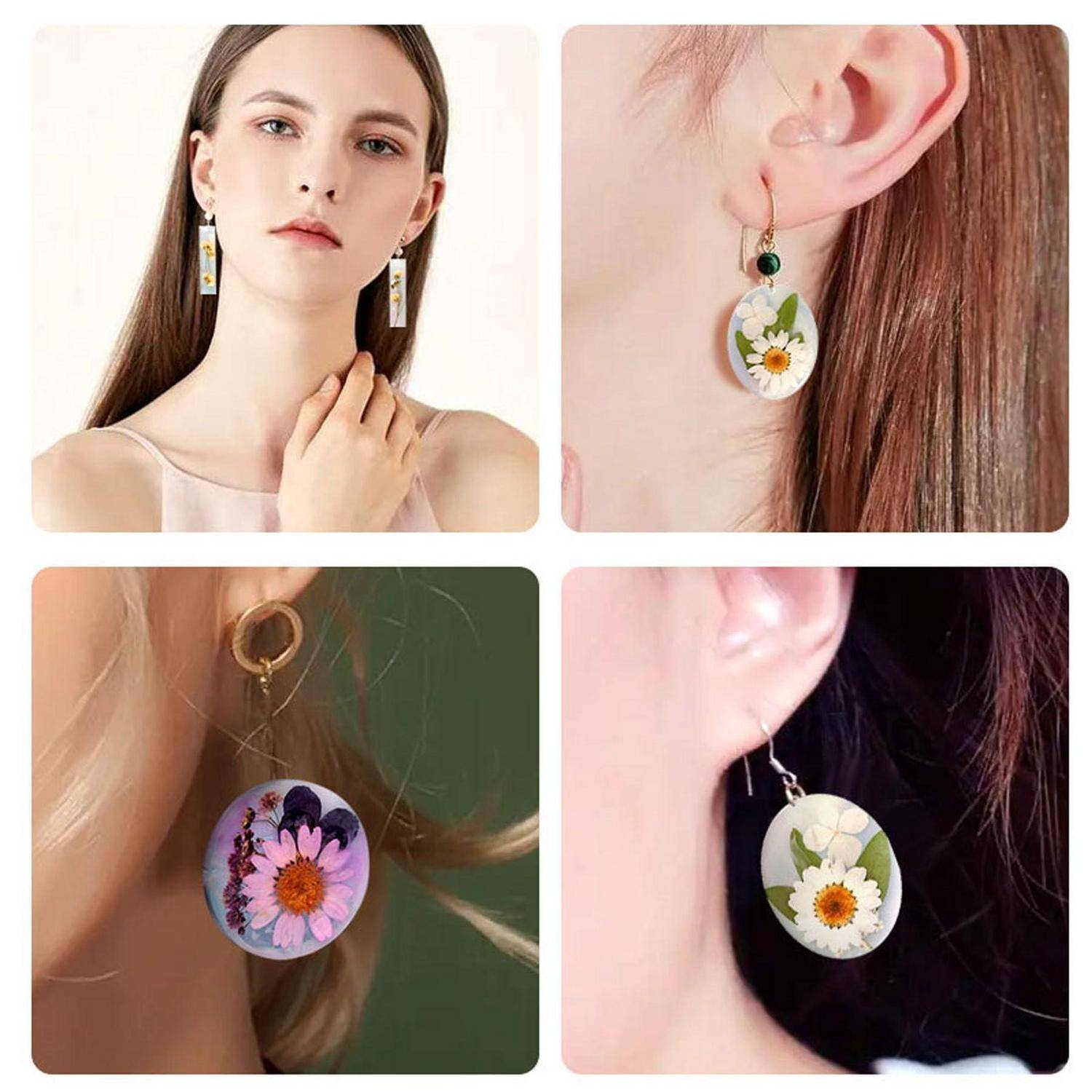 Collage einer Frau, die baumelnde Blumenenohringe trägt, gezeigt in Nahaufnahmen und Porträtaufnahmen, um das Design der Ohrringe zur Schau zu stellen.