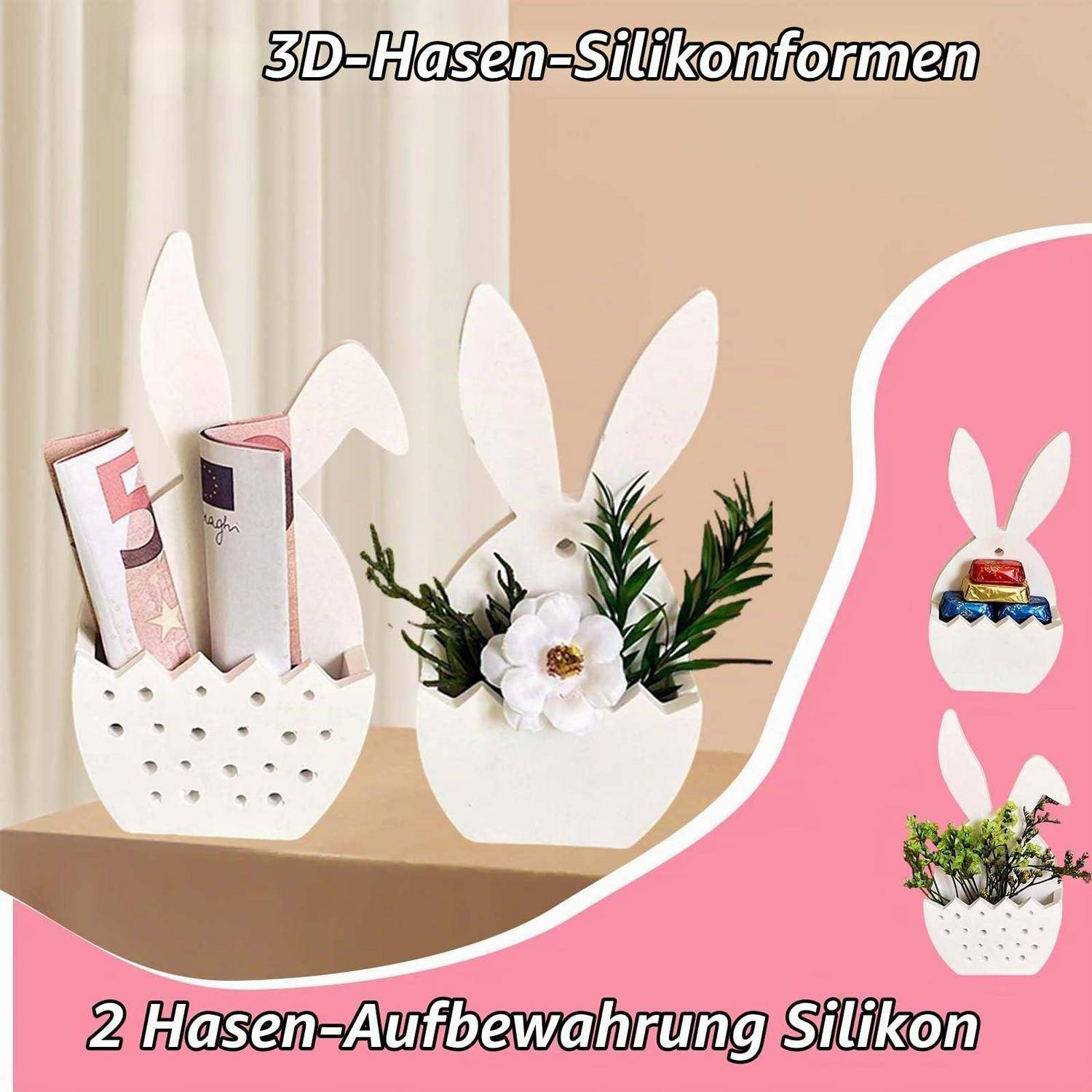 Werbegrafik zeigt zwei weiße kaninchenförmige Silikon-Behälter, die Geldscheine und eine Blumenvase halten, gekennzeichnet mit '3D-Hasen-Silikonformen' und '2 Hasen-Aufbewahrung Silikon'.
