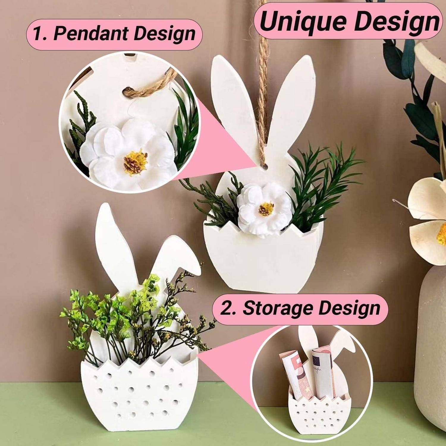 Weiße Hashenohren-Korb mit Blume und Grün, gezeigt als Anhänger-Design und ein kleiner Lagerbehälter mit eingerollten Gegenständen im Inneren.
