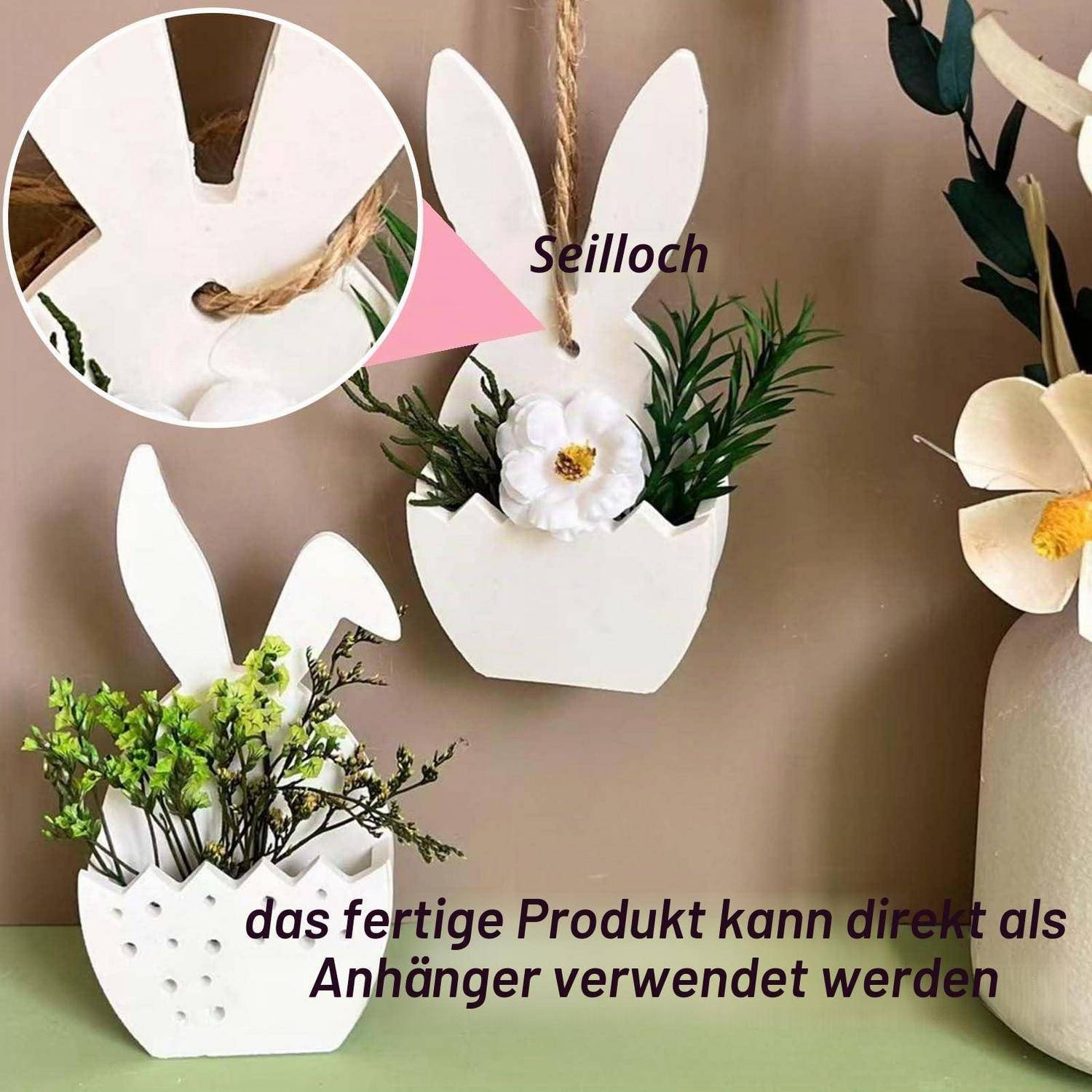 Dekorativer kaninchenförmiger Blumenaufhänger aus einem weißen Papierbecher, gezeigt mit Blumen und dem Text "Seilloch"" und ""das fertige Produkt kann direkt als Anhänger verwendet werden"".