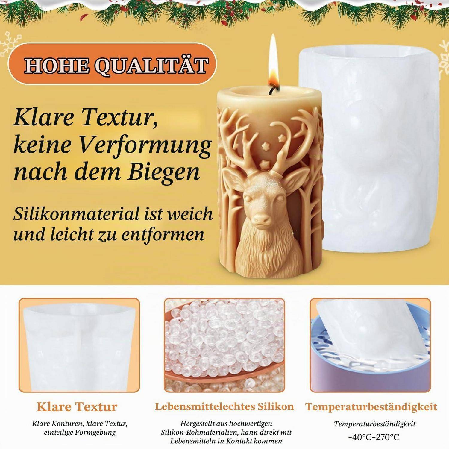 Werbeild einer Hirschrelief-Kerzenform mit deutschem Text, der "HOHE QUALITÄT"", klare Textur, flexible Silikon und Temperaturbeständigkeit bewirbt; enthält Produktnahaufnahmen.